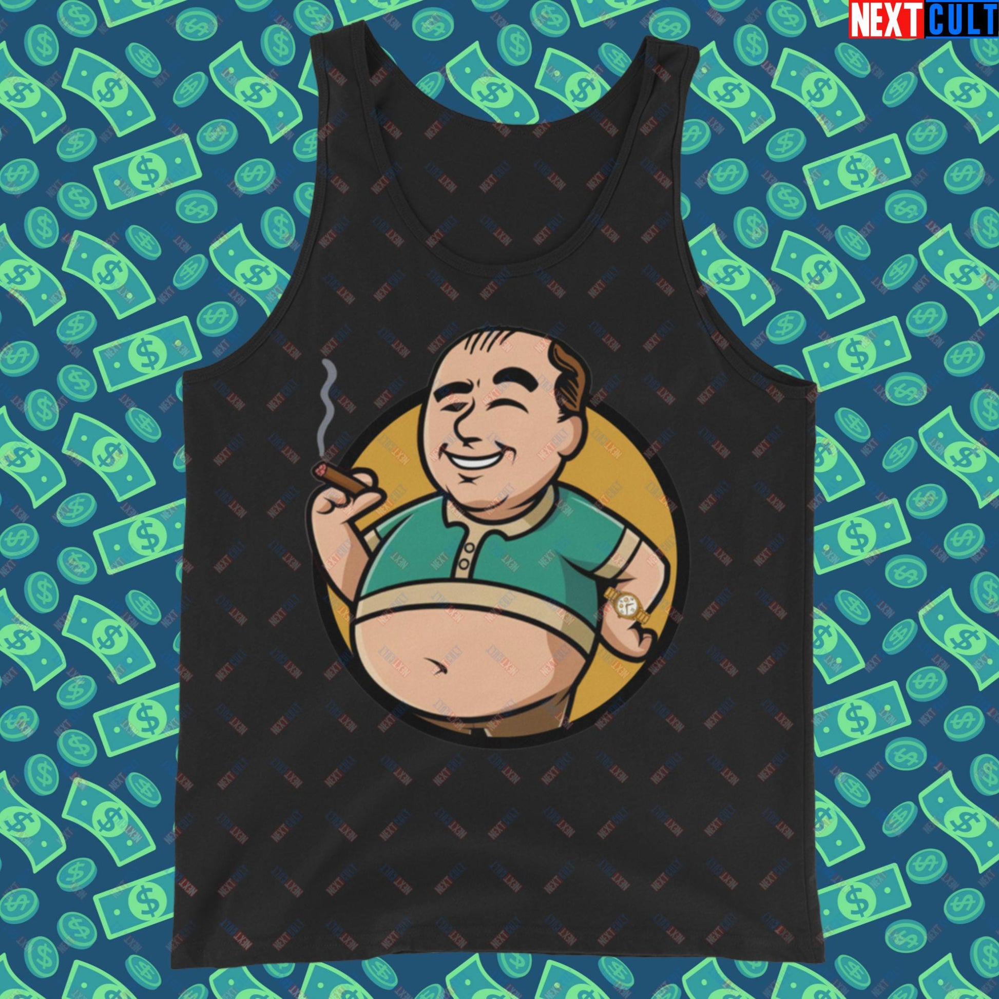 Waste Management Boy Tony Soprano Vault Boy Fallout Funny Meme Cartoon Mashup Tank Top Black Tank Tops Fallout The Sopranos TV Shows Vault Boy Next Cult Brand