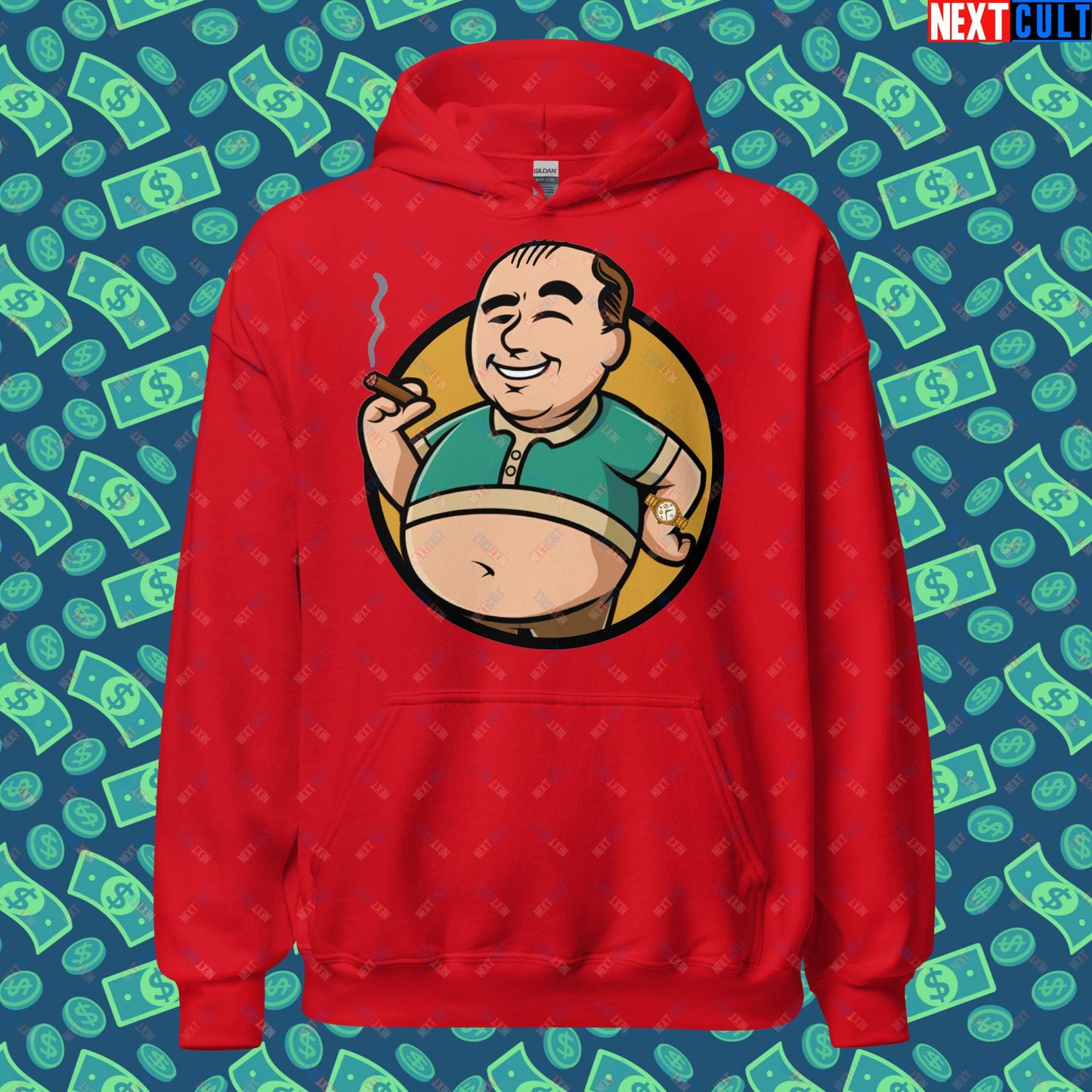 Waste Management Boy Tony Soprano Vault Boy Fallout Funny Meme Cartoon Mashup Unisex Hoodie Red Hoodies Fallout The Sopranos TV Shows Vault Boy Next Cult Brand