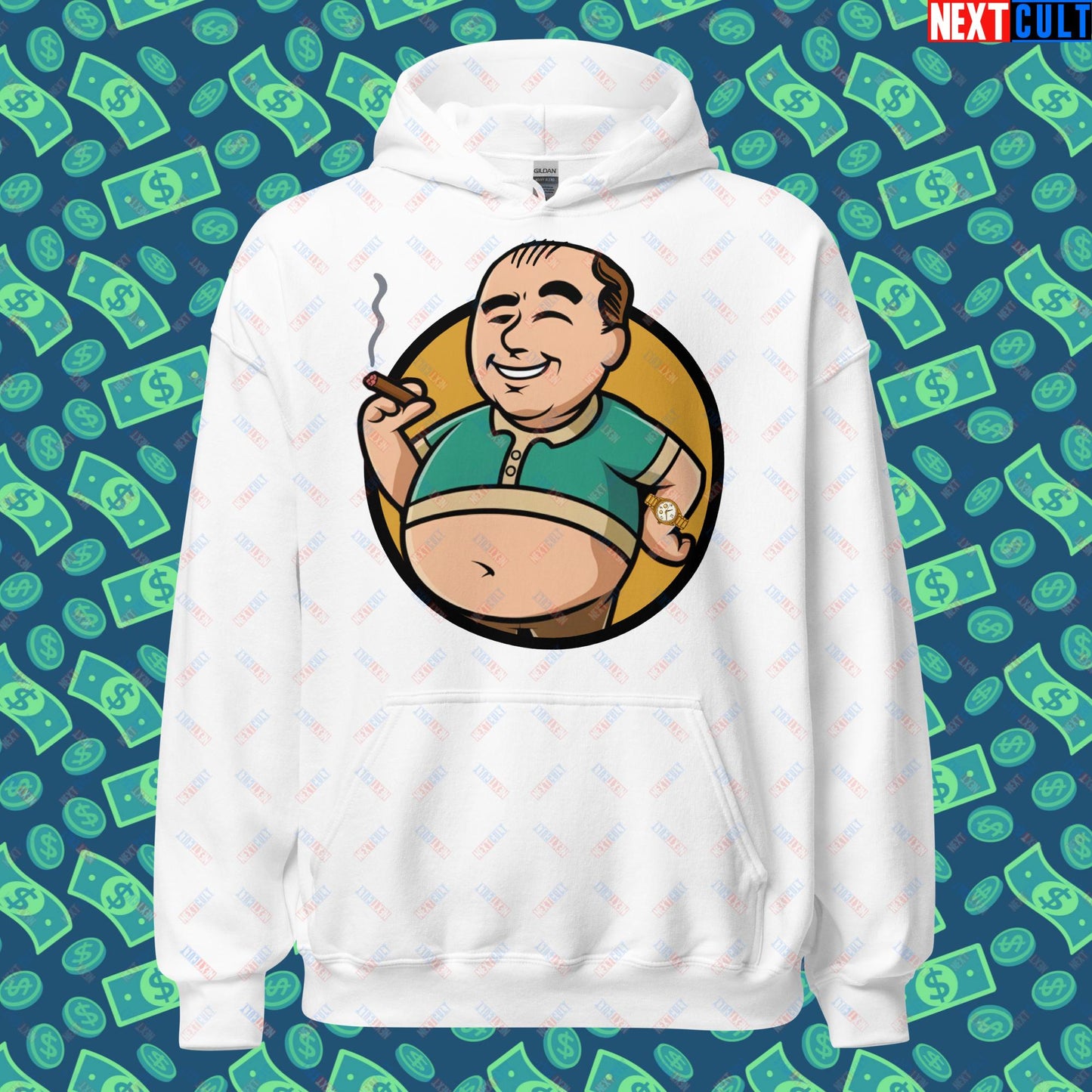 Waste Management Boy Tony Soprano Vault Boy Fallout Funny Meme Cartoon Mashup Unisex Hoodie White Hoodies Fallout The Sopranos TV Shows Vault Boy Next Cult Brand