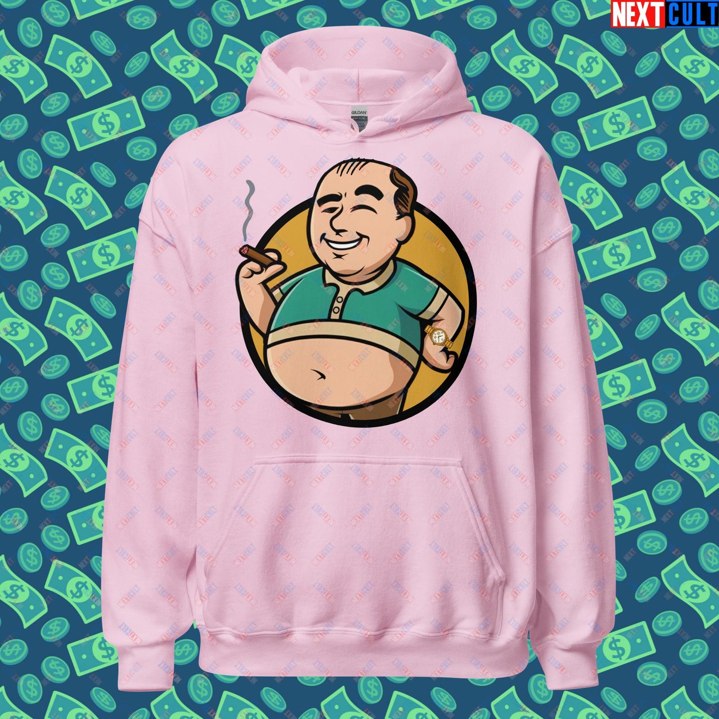 Waste Management Boy Tony Soprano Vault Boy Fallout Funny Meme Cartoon Mashup Unisex Hoodie Light Pink Hoodies Fallout The Sopranos TV Shows Vault Boy Next Cult Brand