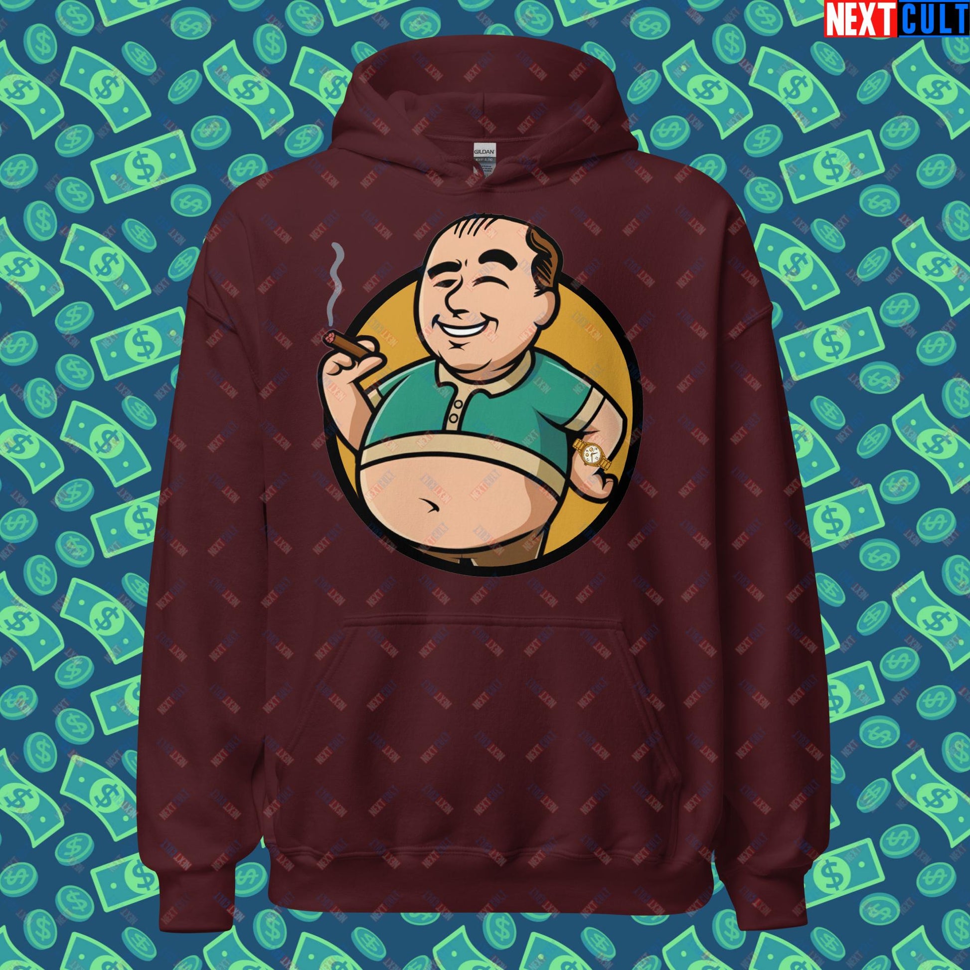 Waste Management Boy Tony Soprano Vault Boy Fallout Funny Meme Cartoon Mashup Unisex Hoodie Maroon Hoodies Fallout The Sopranos TV Shows Vault Boy Next Cult Brand