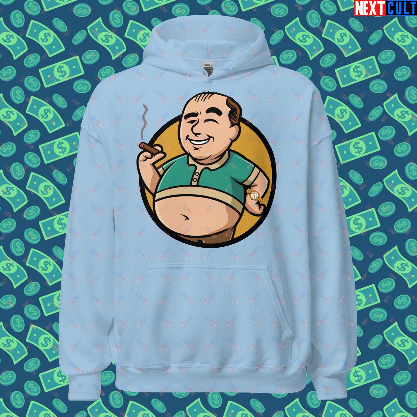 Waste Management Boy Tony Soprano Vault Boy Fallout Funny Meme Cartoon Mashup Unisex Hoodie Light Blue Hoodies Fallout The Sopranos TV Shows Vault Boy Next Cult Brand