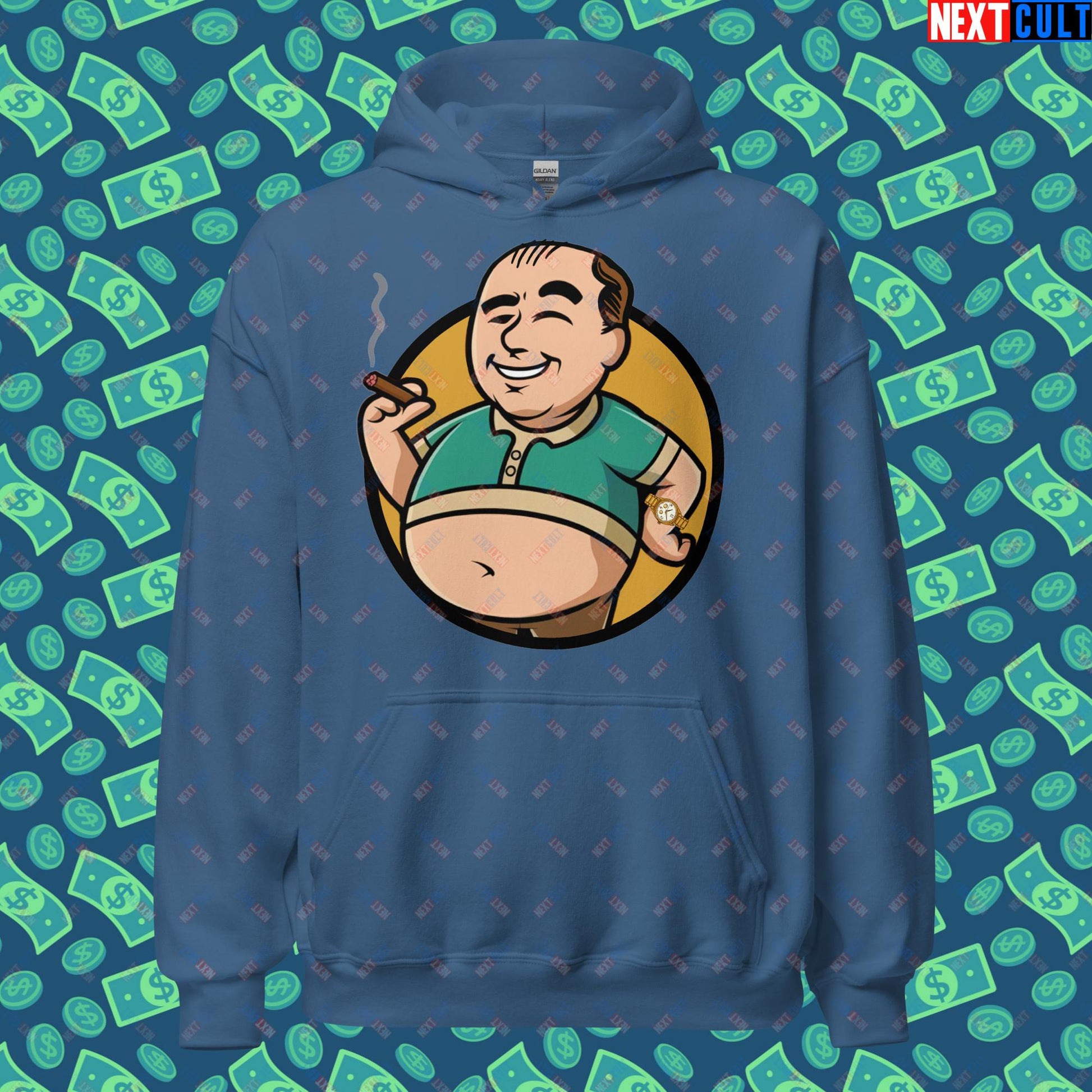 Waste Management Boy Tony Soprano Vault Boy Fallout Funny Meme Cartoon Mashup Unisex Hoodie Indigo Blue Hoodies Fallout The Sopranos TV Shows Vault Boy Next Cult Brand