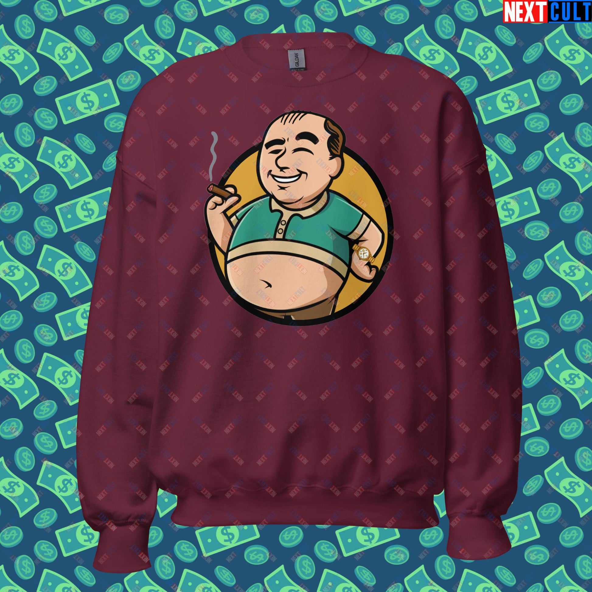 Waste Management Boy Tony Soprano Vault Boy Fallout Funny Meme Cartoon Mashup Unisex Sweatshirt Maroon Sweatshirts Fallout The Sopranos TV Shows Vault Boy Next Cult Brand