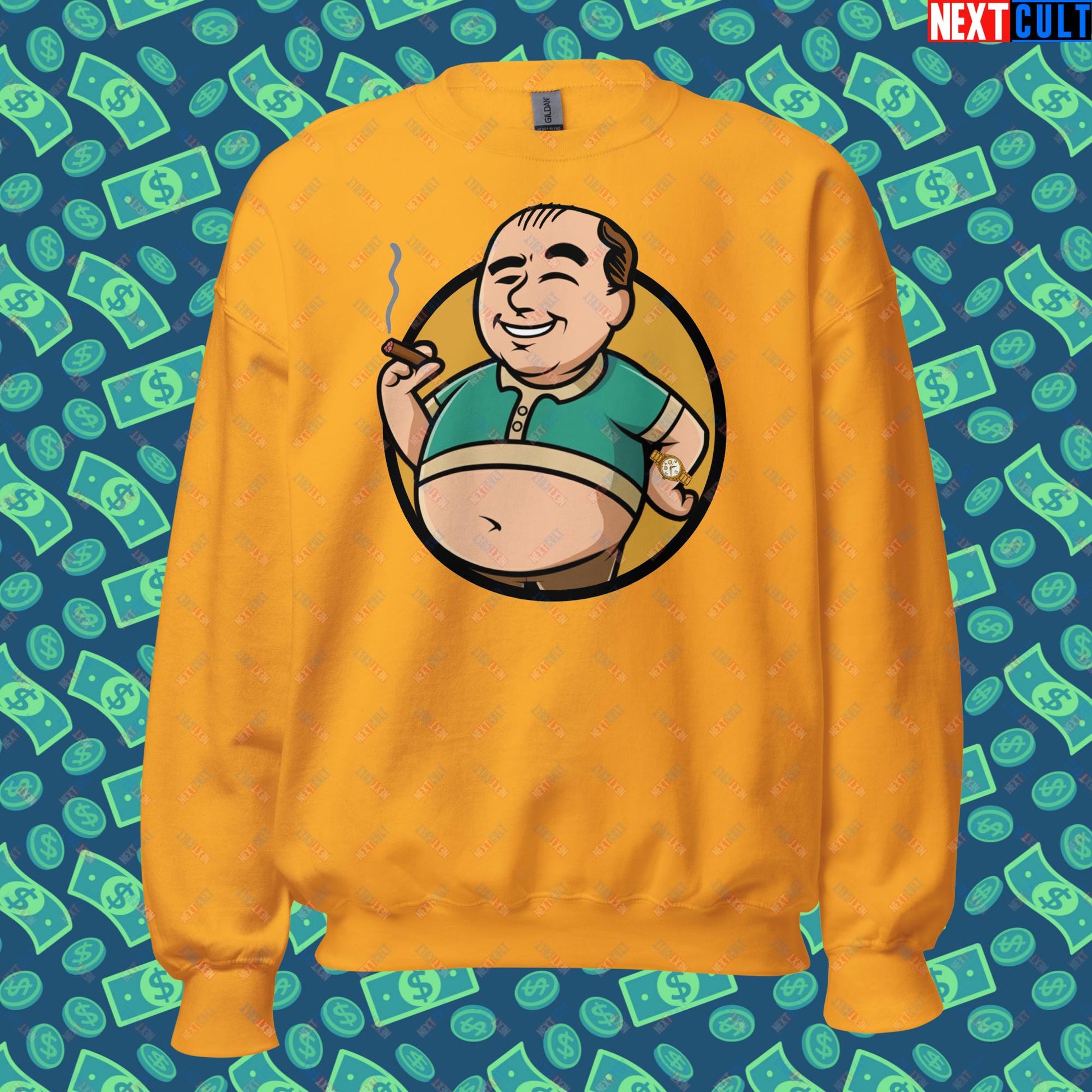 Waste Management Boy Tony Soprano Vault Boy Fallout Funny Meme Cartoon Mashup Unisex Sweatshirt Gold Sweatshirts Fallout The Sopranos TV Shows Vault Boy Next Cult Brand