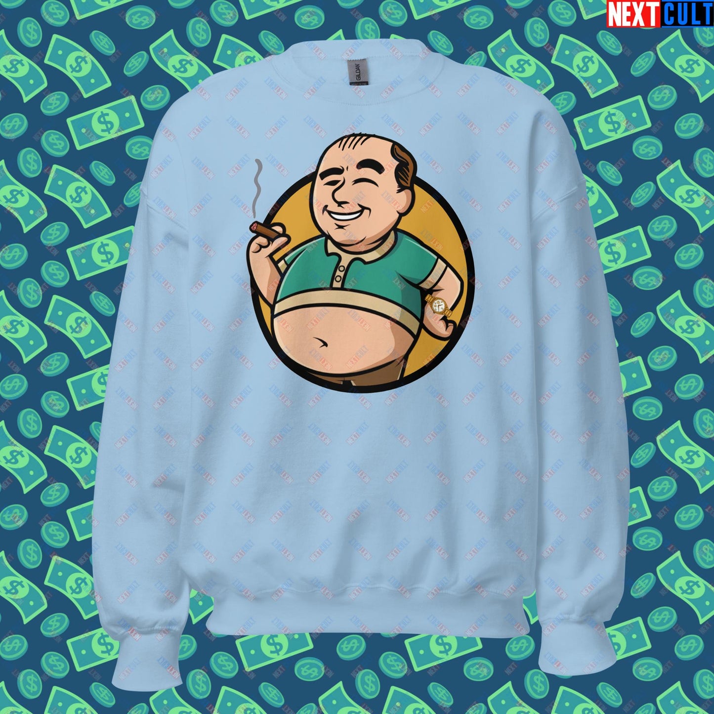 Waste Management Boy Tony Soprano Vault Boy Fallout Funny Meme Cartoon Mashup Unisex Sweatshirt Light Blue Sweatshirts Fallout The Sopranos TV Shows Vault Boy Next Cult Brand