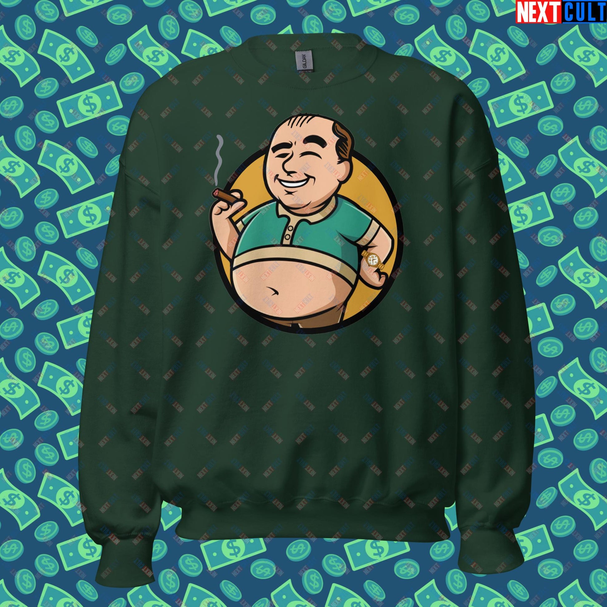 Waste Management Boy Tony Soprano Vault Boy Fallout Funny Meme Cartoon Mashup Unisex Sweatshirt Forest Green Sweatshirts Fallout The Sopranos TV Shows Vault Boy Next Cult Brand