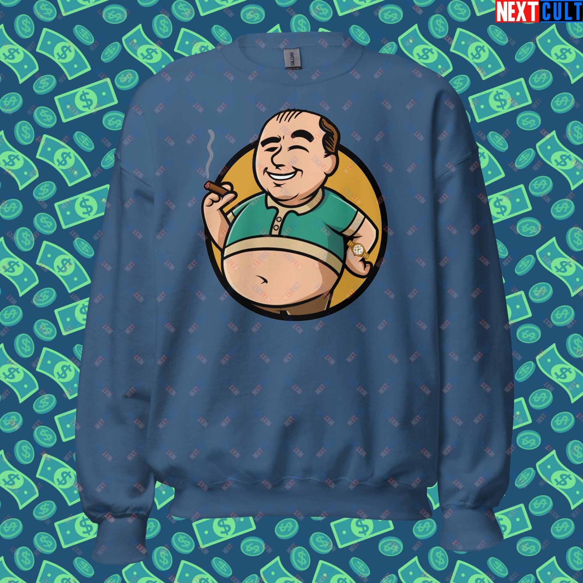 Waste Management Boy Tony Soprano Vault Boy Fallout Funny Meme Cartoon Mashup Unisex Sweatshirt Indigo Blue Sweatshirts Fallout The Sopranos TV Shows Vault Boy Next Cult Brand