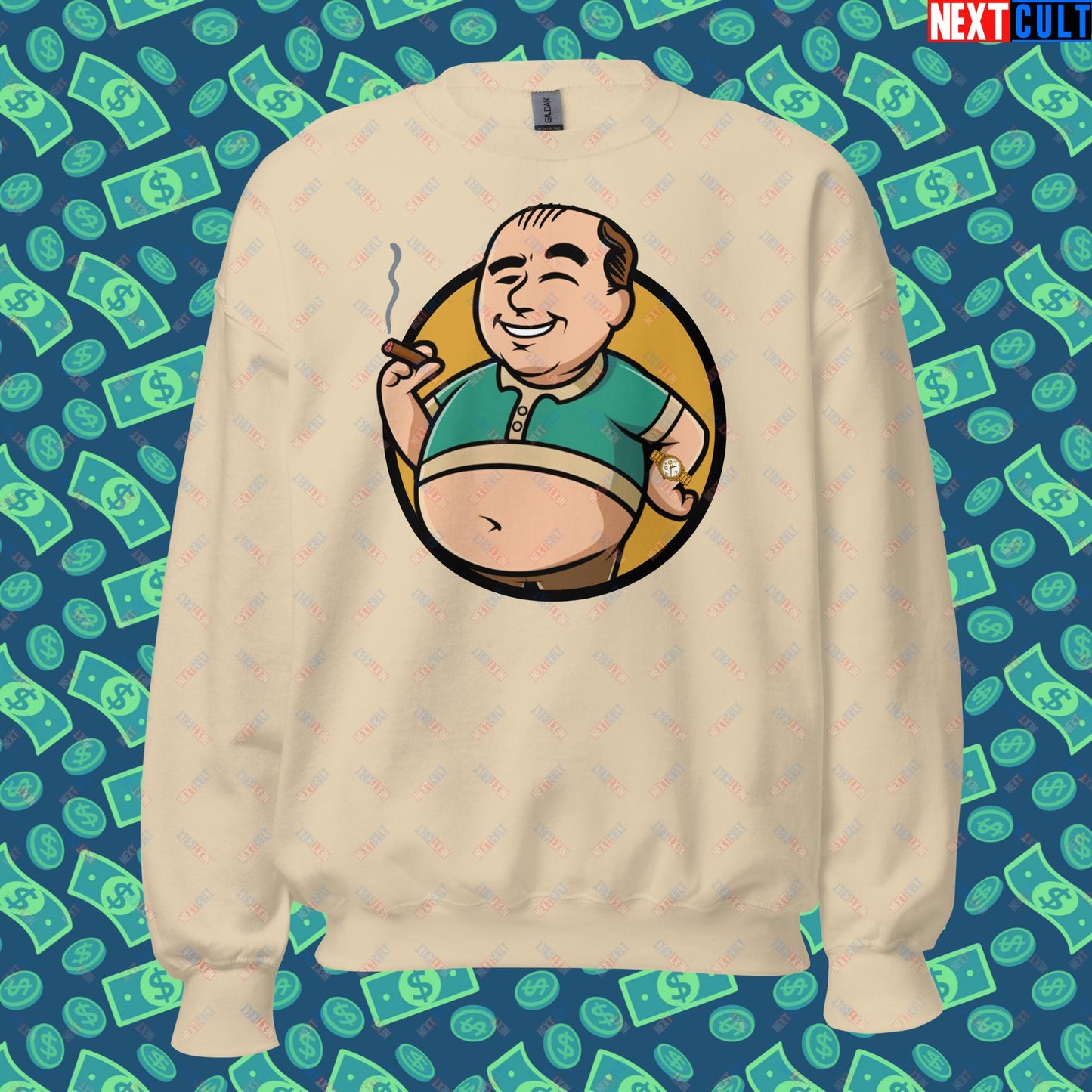 Waste Management Boy Tony Soprano Vault Boy Fallout Funny Meme Cartoon Mashup Unisex Sweatshirt Sand Sweatshirts Fallout The Sopranos TV Shows Vault Boy Next Cult Brand