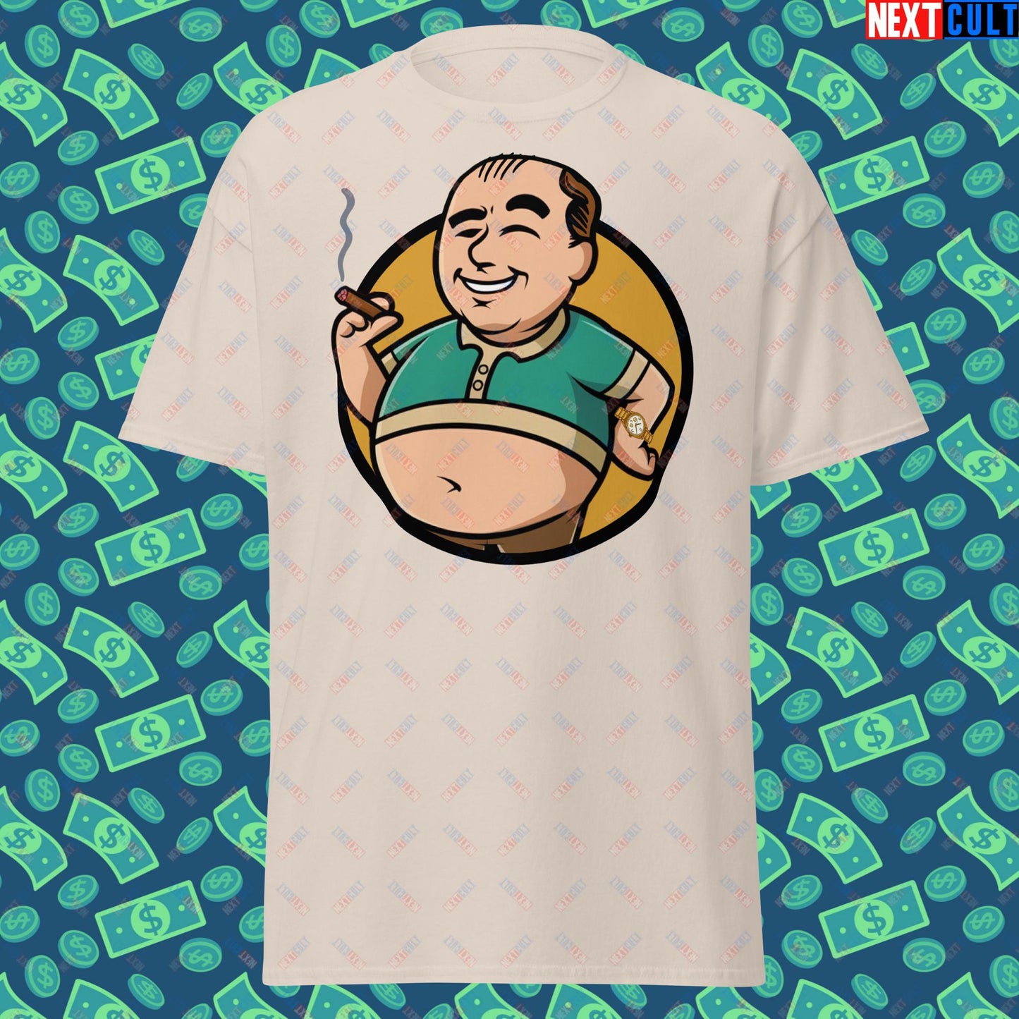 Waste Management Boy Tony Soprano Vault Boy Fallout Funny Meme Cartoon Mashup Unisex tee Natural T-shirts Fallout The Sopranos TV Shows Vault Boy Next Cult Brand