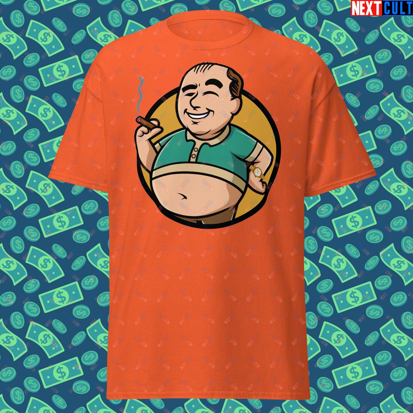 Waste Management Boy Tony Soprano Vault Boy Fallout Funny Meme Cartoon Mashup Unisex tee Orange T-shirts Fallout The Sopranos TV Shows Vault Boy Next Cult Brand