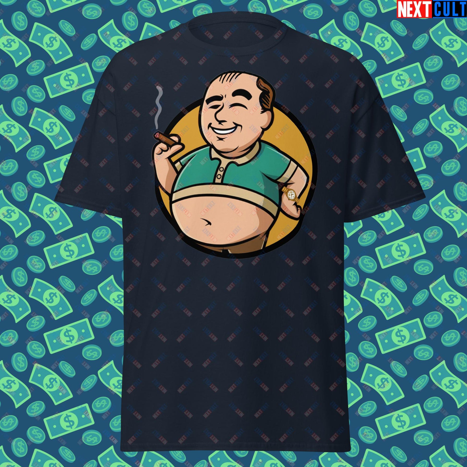 Waste Management Boy Tony Soprano Vault Boy Fallout Funny Meme Cartoon Mashup Unisex tee Navy T-shirts Fallout The Sopranos TV Shows Vault Boy Next Cult Brand