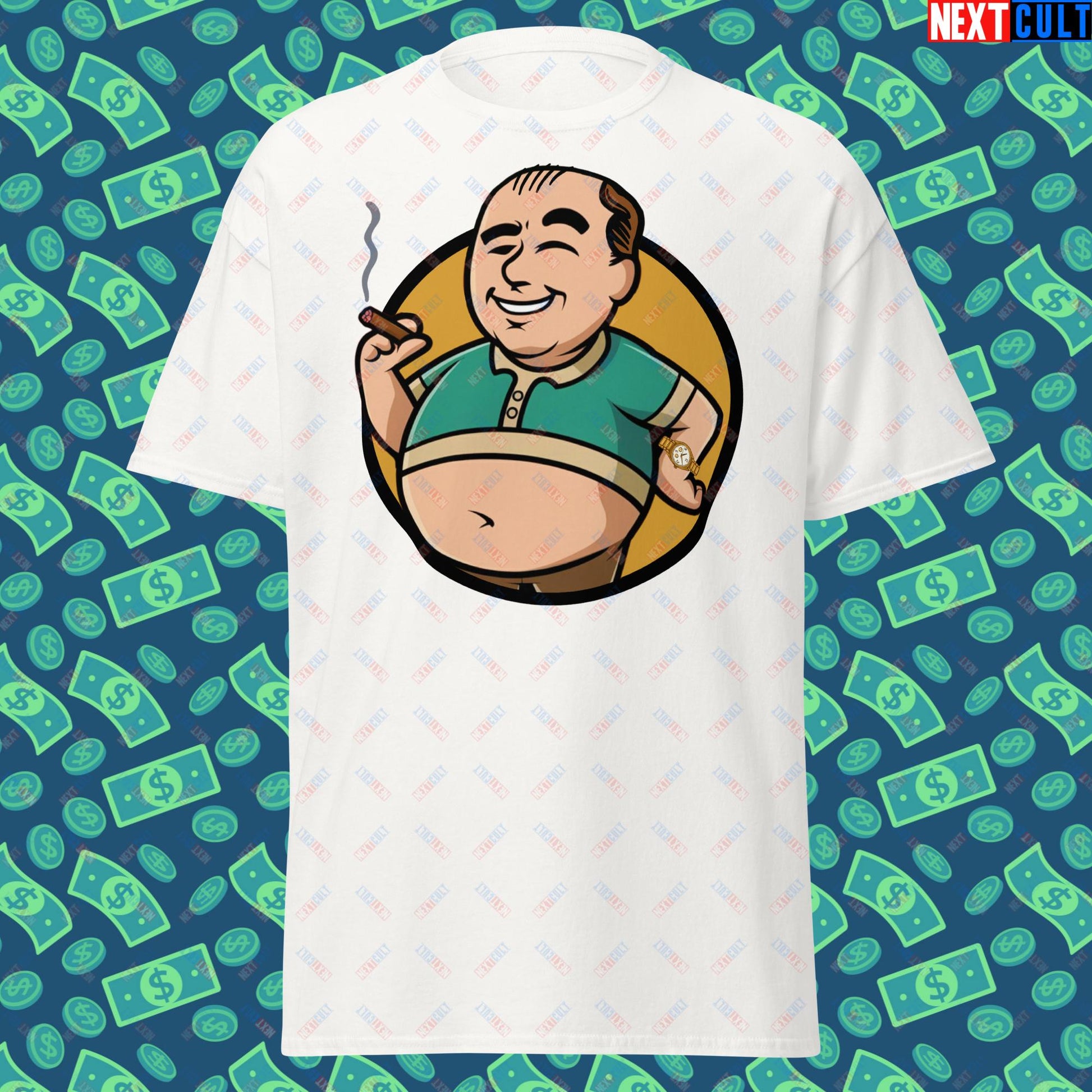 Waste Management Boy Tony Soprano Vault Boy Fallout Funny Meme Cartoon Mashup Unisex tee White T-shirts Fallout The Sopranos TV Shows Vault Boy Next Cult Brand