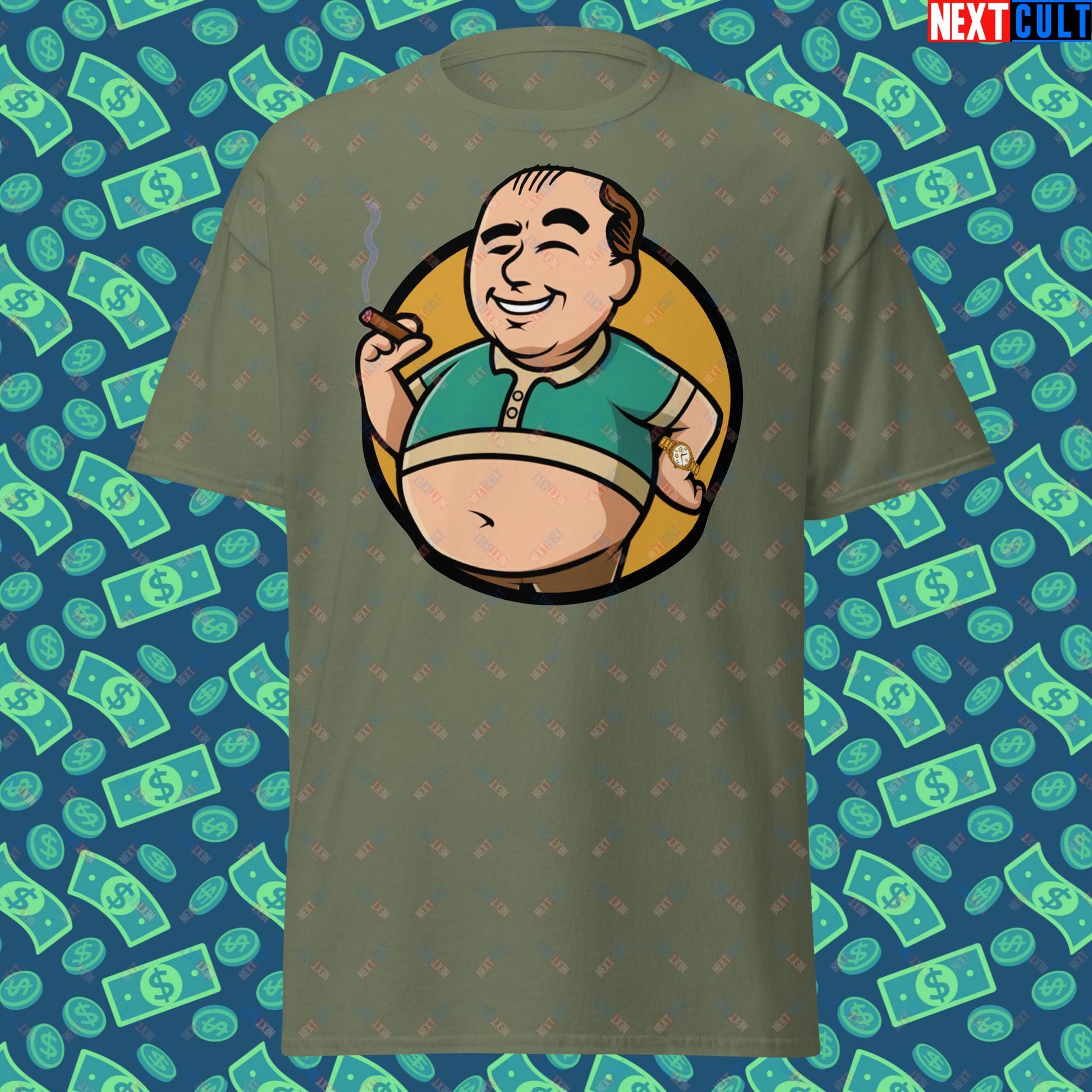 Waste Management Boy Tony Soprano Vault Boy Fallout Funny Meme Cartoon Mashup Unisex tee Military Green T-shirts Fallout The Sopranos TV Shows Vault Boy Next Cult Brand