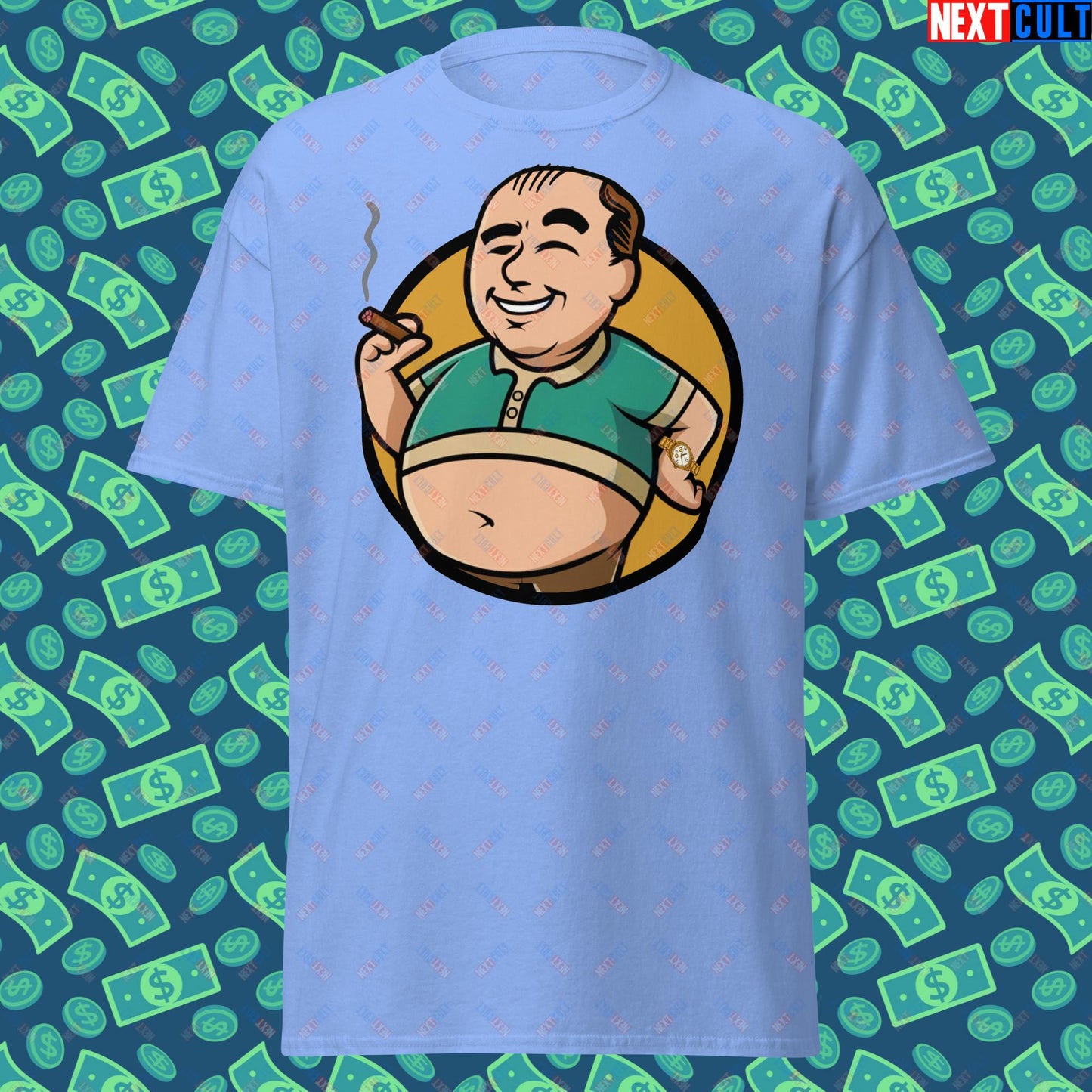 Waste Management Boy Tony Soprano Vault Boy Fallout Funny Meme Cartoon Mashup Unisex tee Carolina Blue T-shirts Fallout The Sopranos TV Shows Vault Boy Next Cult Brand