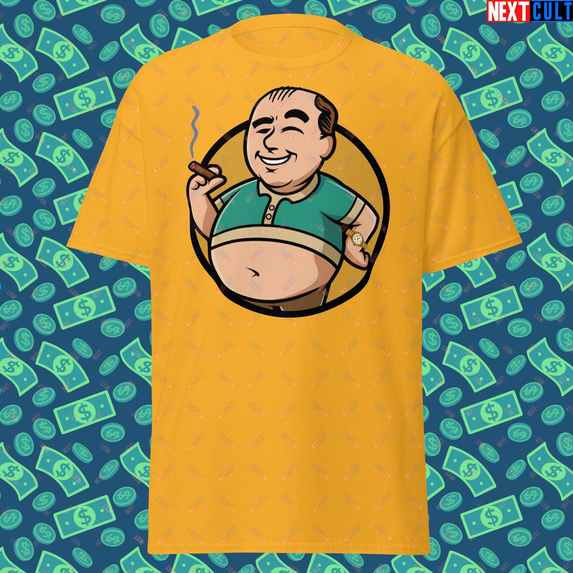 Waste Management Boy Tony Soprano Vault Boy Fallout Funny Meme Cartoon Mashup Unisex tee Gold T-shirts Fallout The Sopranos TV Shows Vault Boy Next Cult Brand