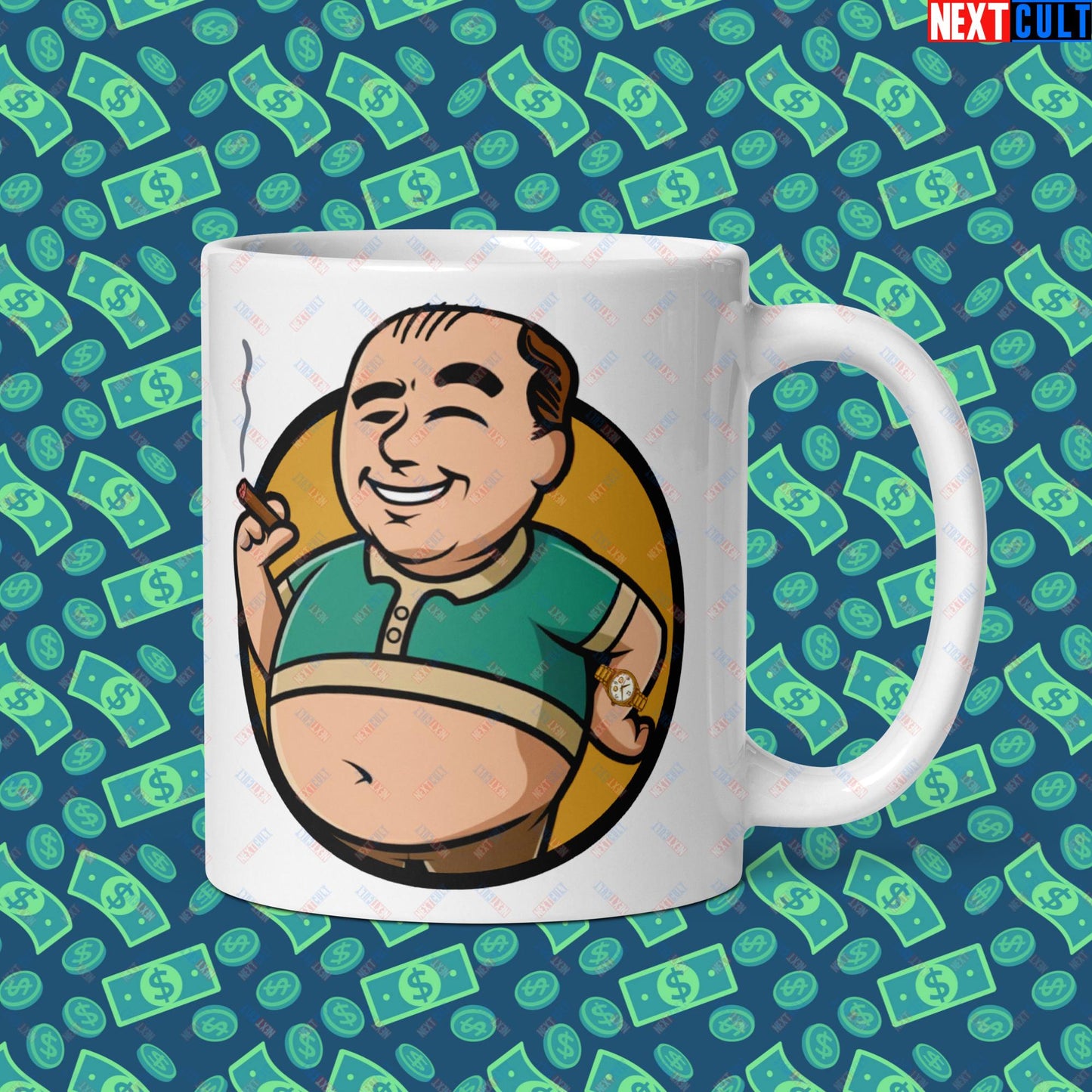 Waste Management Boy Tony Soprano Vault Boy Fallout Funny Meme Cartoon Mashup White glossy mug Next Cult Brand