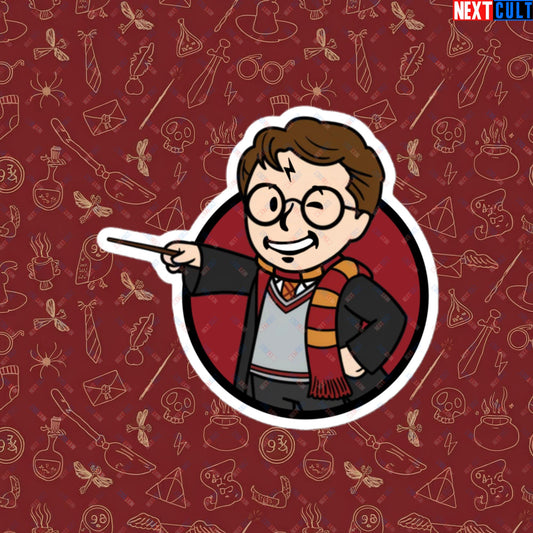 Wizard Boy Harry Potter Vault Boy Fallout Funny Meme Cartoon Mashup Bubble-free stickers 4″×4″ Stickers Fallout Harry Potter Movies Vault Boy Next Cult Brand