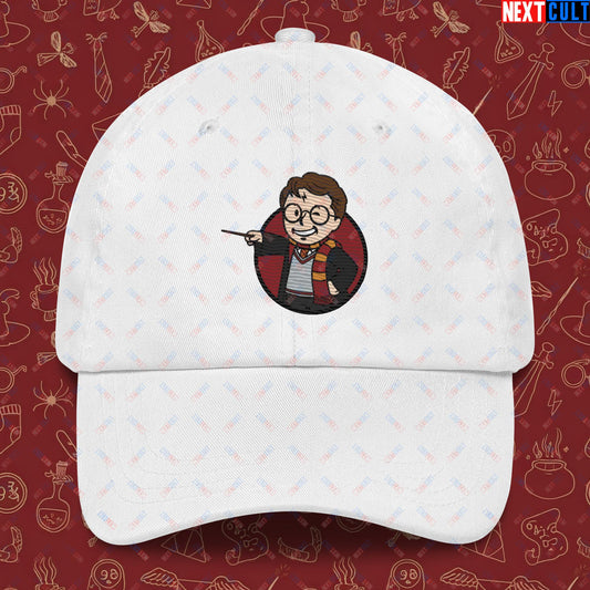 Wizard Boy Harry Potter Vault Boy Fallout Funny Meme Cartoon Mashup Dad hat White Hats Fallout Harry Potter Movies Vault Boy Next Cult Brand