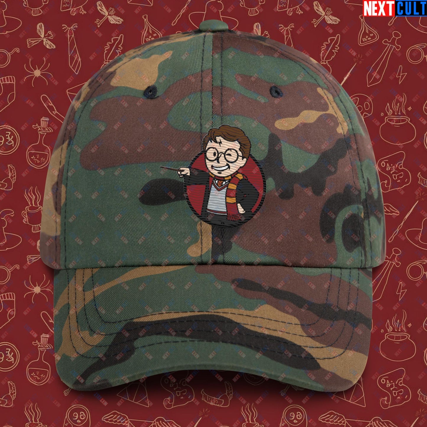 Wizard Boy Harry Potter Vault Boy Fallout Funny Meme Cartoon Mashup Dad hat Green Camo Hats Fallout Harry Potter Movies Vault Boy Next Cult Brand