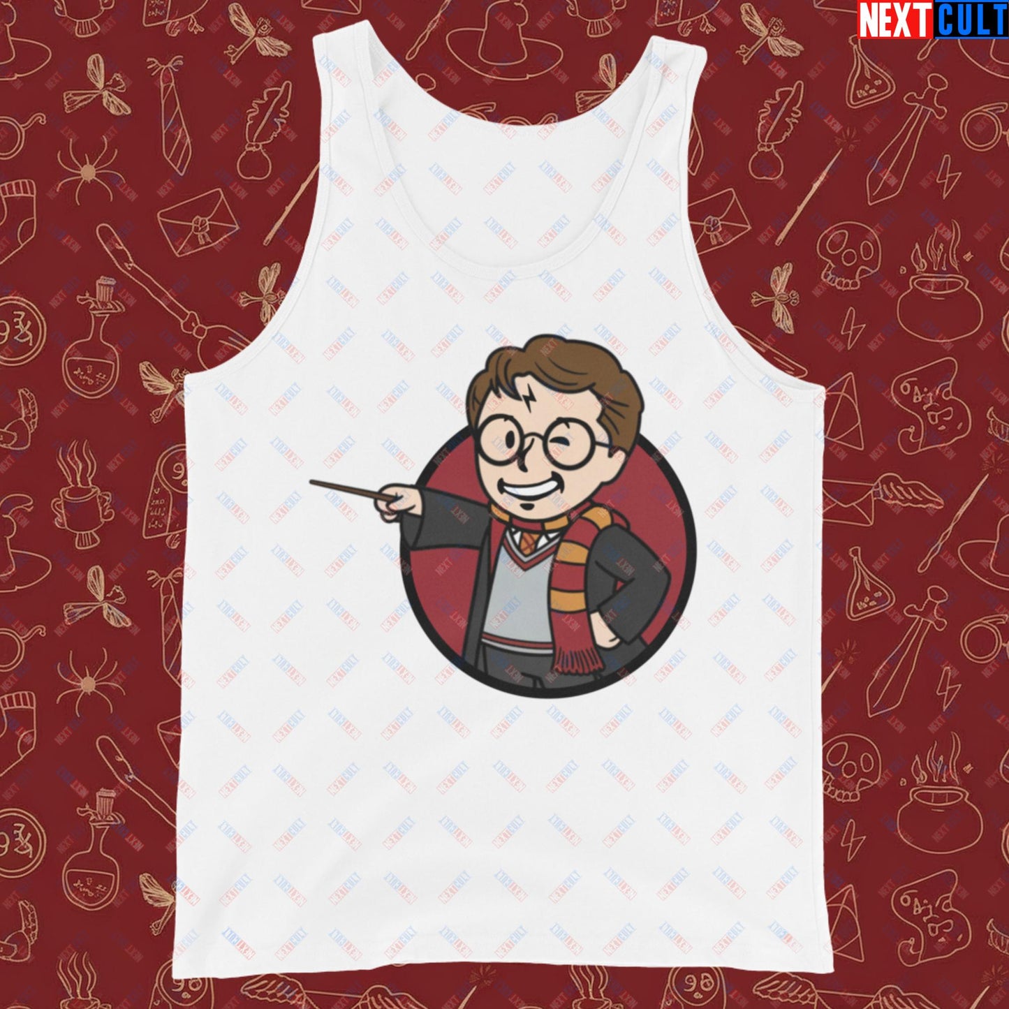 Wizard Boy Harry Potter Vault Boy Fallout Funny Meme Cartoon Mashup Tank Top White Tank Tops Fallout Harry Potter Movies Vault Boy Next Cult Brand