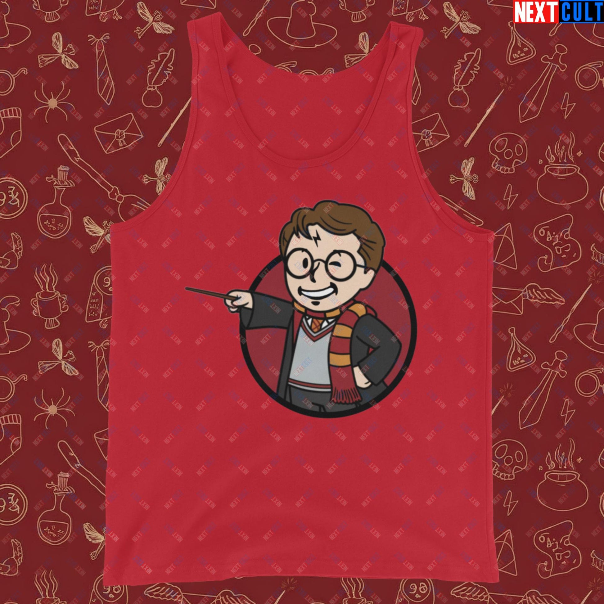 Wizard Boy Harry Potter Vault Boy Fallout Funny Meme Cartoon Mashup Tank Top Red Tank Tops Fallout Harry Potter Movies Vault Boy Next Cult Brand