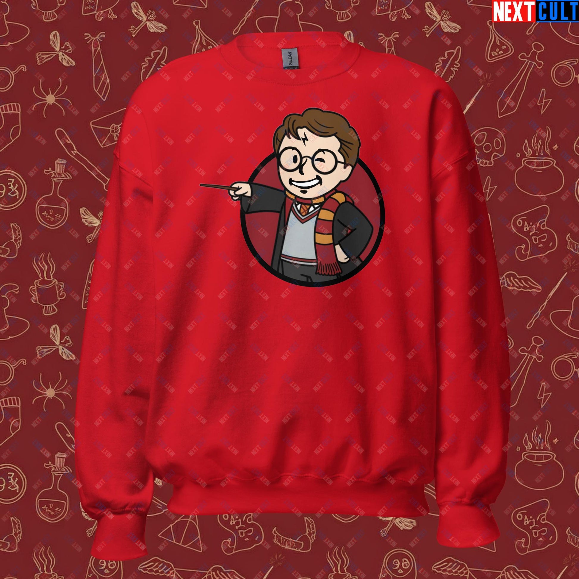 Wizard Boy Harry Potter Vault Boy Fallout Funny Meme Cartoon Mashup Unisex Sweatshirt Red Sweatshirts Fallout Harry Potter Movies Vault Boy Next Cult Brand