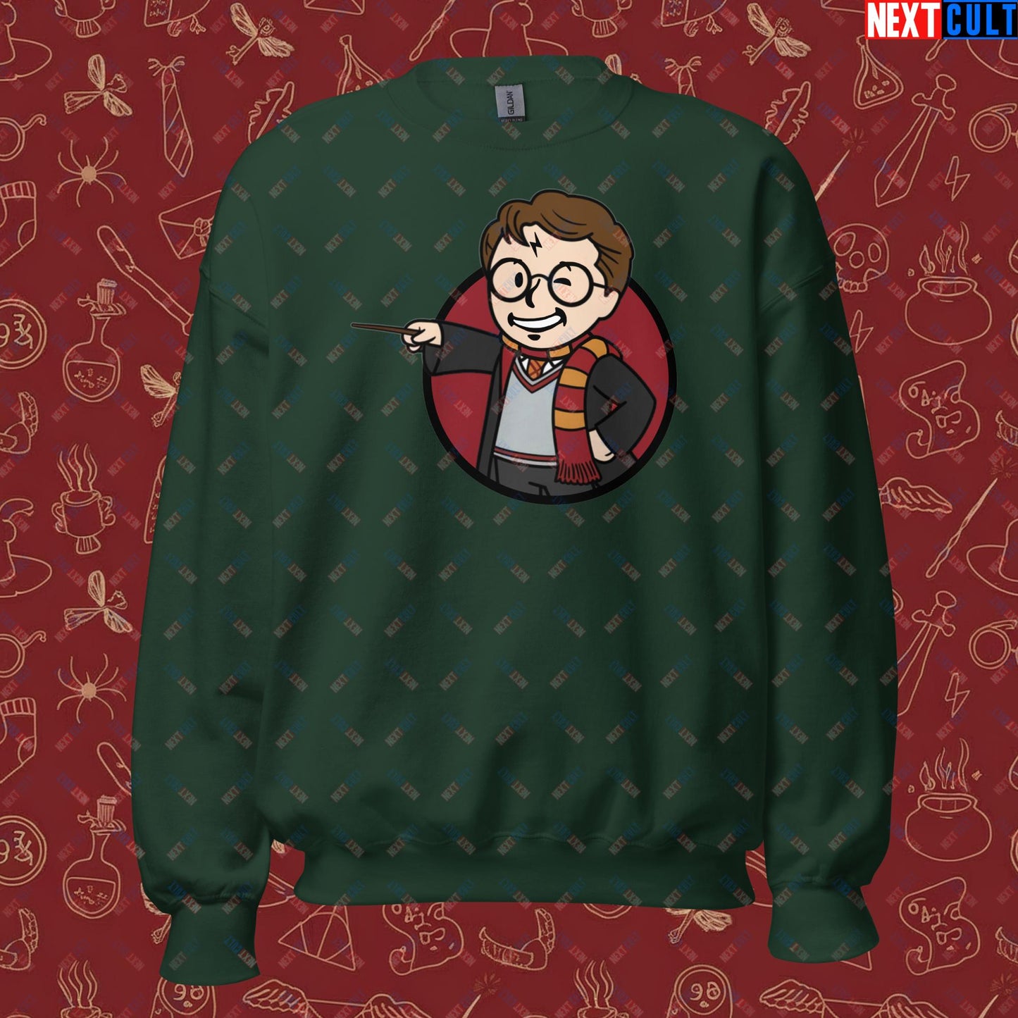 Wizard Boy Harry Potter Vault Boy Fallout Funny Meme Cartoon Mashup Unisex Sweatshirt Forest Green Sweatshirts Fallout Harry Potter Movies Vault Boy Next Cult Brand