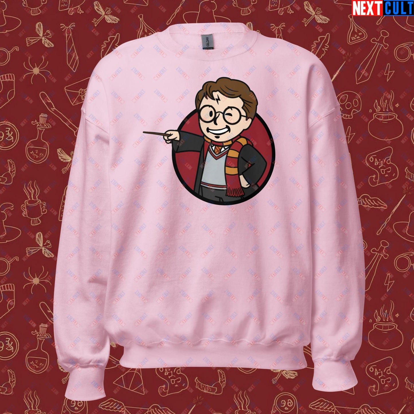 Wizard Boy Harry Potter Vault Boy Fallout Funny Meme Cartoon Mashup Unisex Sweatshirt Light Pink Sweatshirts Fallout Harry Potter Movies Vault Boy Next Cult Brand