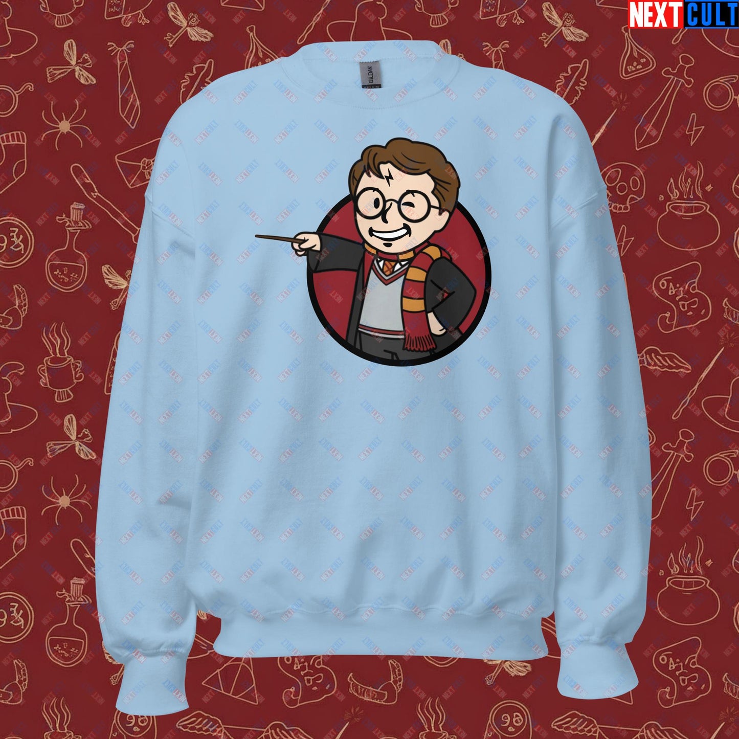 Wizard Boy Harry Potter Vault Boy Fallout Funny Meme Cartoon Mashup Unisex Sweatshirt Light Blue Sweatshirts Fallout Harry Potter Movies Vault Boy Next Cult Brand