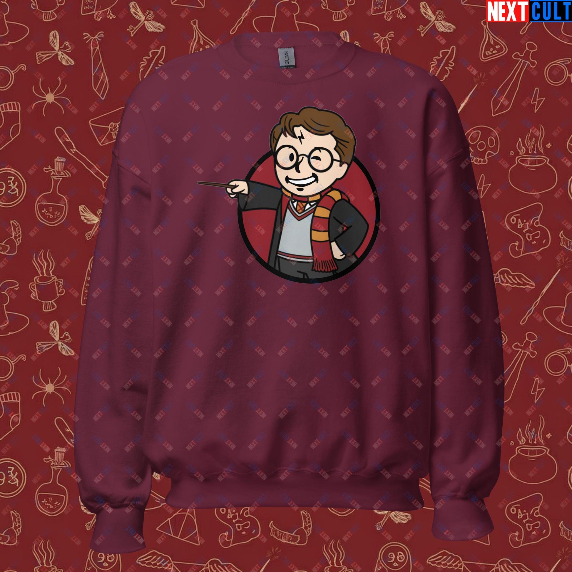 Wizard Boy Harry Potter Vault Boy Fallout Funny Meme Cartoon Mashup Unisex Sweatshirt Maroon Sweatshirts Fallout Harry Potter Movies Vault Boy Next Cult Brand