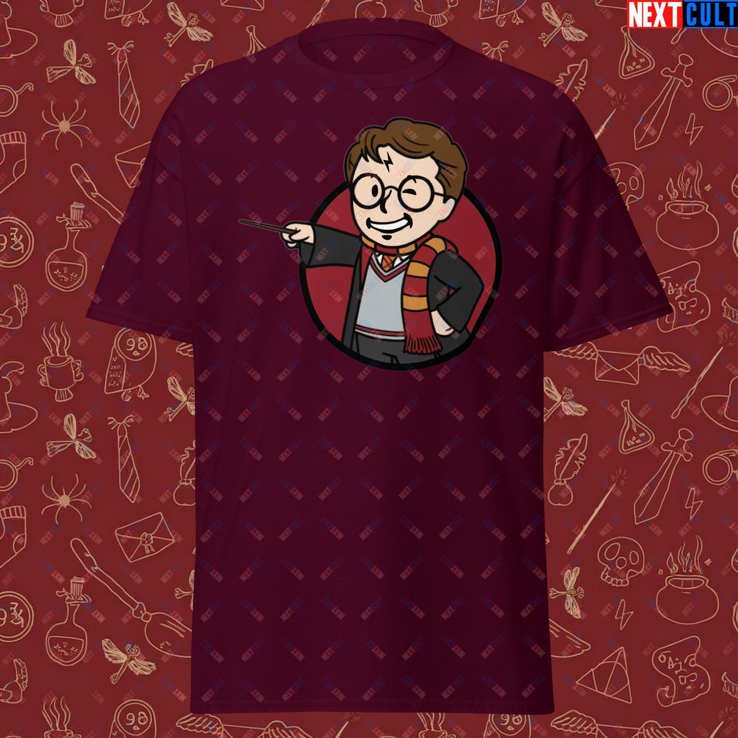 Wizard Boy Harry Potter Vault Boy Fallout Funny Meme Cartoon Mashup Unisex classic tee Maroon T-shirts Fallout Harry Potter Movies Vault Boy Next Cult Brand