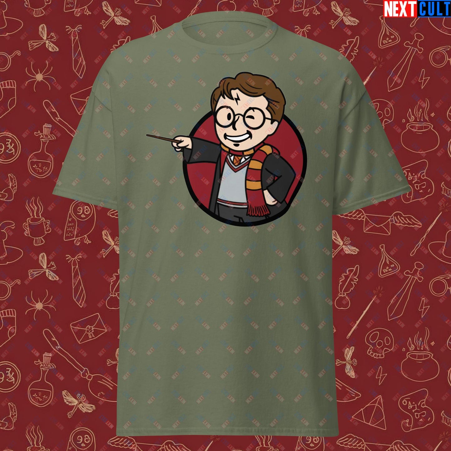 Wizard Boy Harry Potter Vault Boy Fallout Funny Meme Cartoon Mashup Unisex classic tee Military Green T-shirts Fallout Harry Potter Movies Vault Boy Next Cult Brand