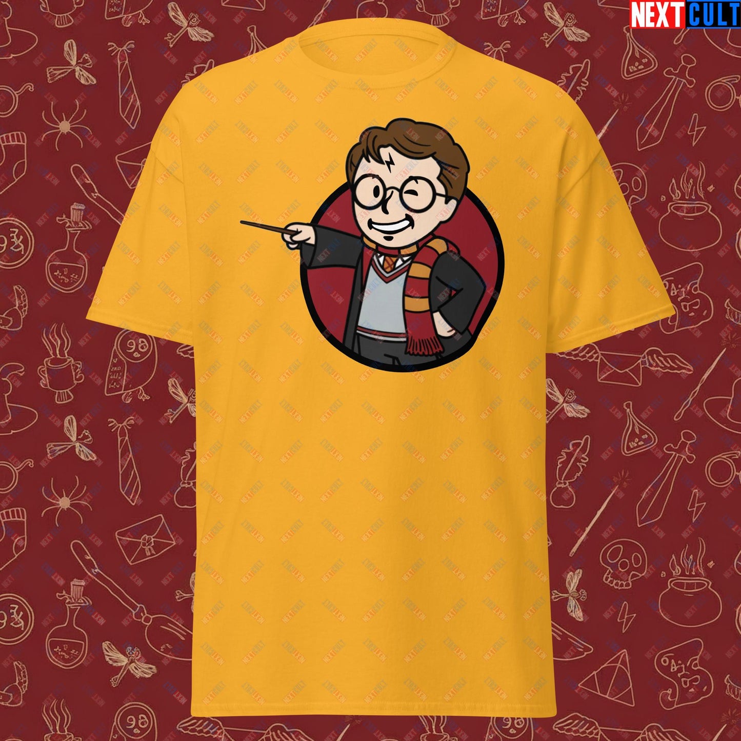 Wizard Boy Harry Potter Vault Boy Fallout Funny Meme Cartoon Mashup Unisex classic tee Gold T-shirts Fallout Harry Potter Movies Vault Boy Next Cult Brand