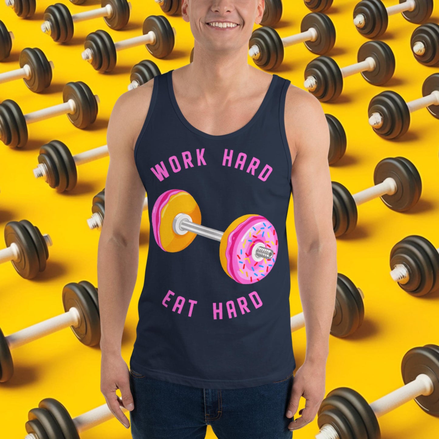 Work Hard Eat Hard Donut Dumbbell Donuts Barbell Funny Bulk Diet Gym Workout Fitness Bodybuilding Tank Top Navy Tank Tops Bodybuilding Bulking Donuts Fast Food Fitness Gym Workout Next Cult Brand