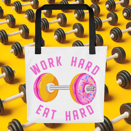 Work Hard Eat Hard Donut Dumbbell Donuts Barbell Funny Bulk Diet Gym Workout Fitness Bodybuilding Tote bag Next Cult Brand
