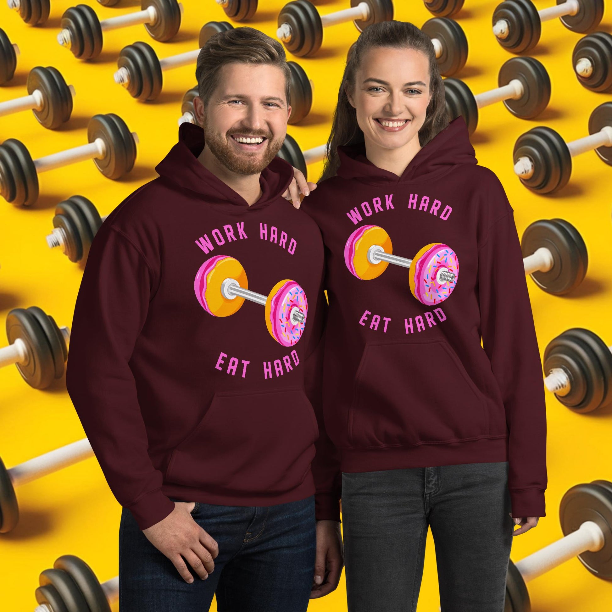 Work Hard Eat Hard Donut Dumbbell Donuts Barbell Funny Bulk Diet Gym Workout Fitness Bodybuilding Unisex Hoodie Maroon Hoodies Bodybuilding Bulking Donuts Fast Food Fitness Gym Workout Next Cult Brand