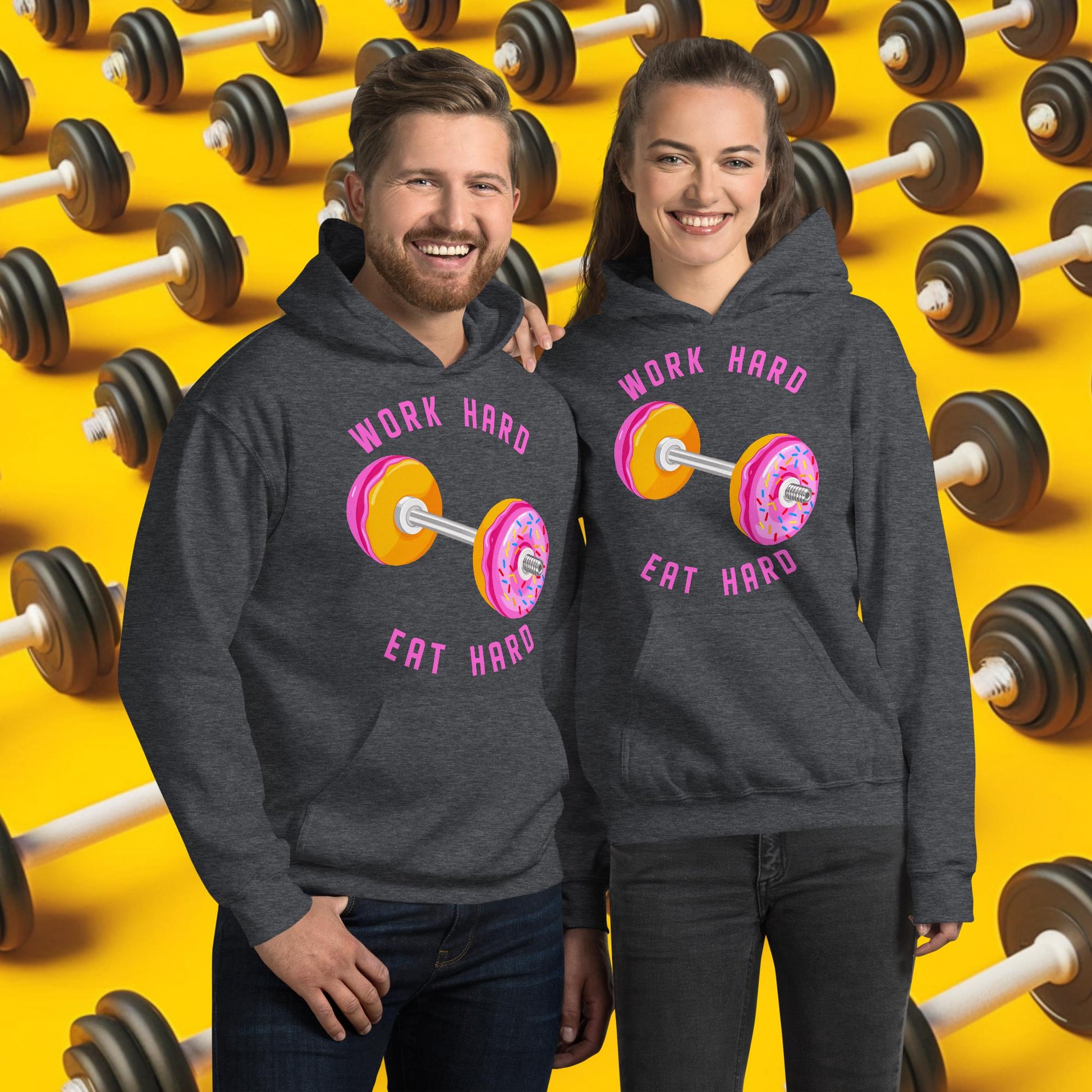 Work Hard Eat Hard Donut Dumbbell Donuts Barbell Funny Bulk Diet Gym Workout Fitness Bodybuilding Unisex Hoodie Dark Heather Hoodies Bodybuilding Bulking Donuts Fast Food Fitness Gym Workout Next Cult Brand