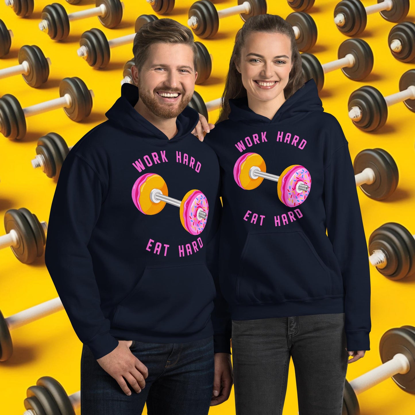 Work Hard Eat Hard Donut Dumbbell Donuts Barbell Funny Bulk Diet Gym Workout Fitness Bodybuilding Unisex Hoodie Navy Hoodies Bodybuilding Bulking Donuts Fast Food Fitness Gym Workout Next Cult Brand