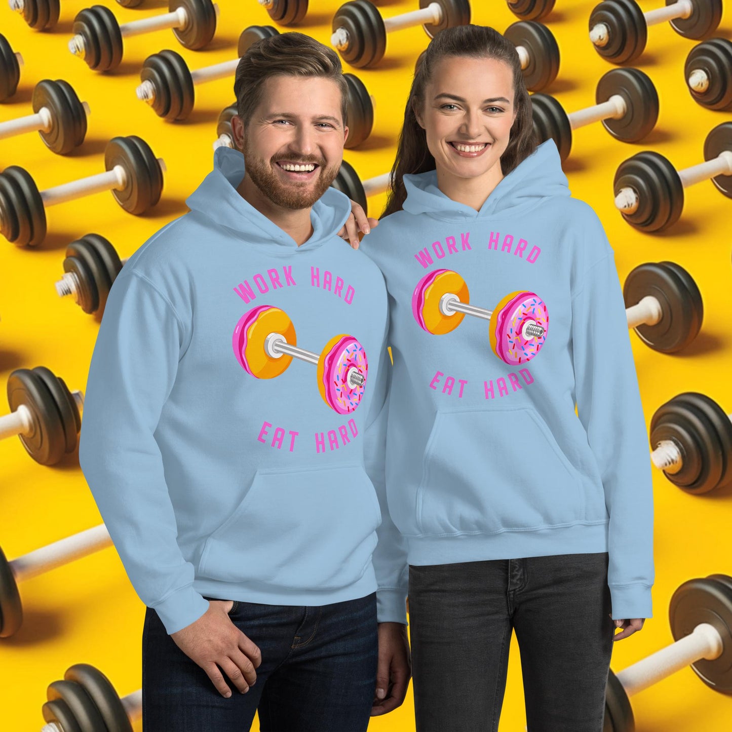 Work Hard Eat Hard Donut Dumbbell Donuts Barbell Funny Bulk Diet Gym Workout Fitness Bodybuilding Unisex Hoodie Light Blue Hoodies Bodybuilding Bulking Donuts Fast Food Fitness Gym Workout Next Cult Brand