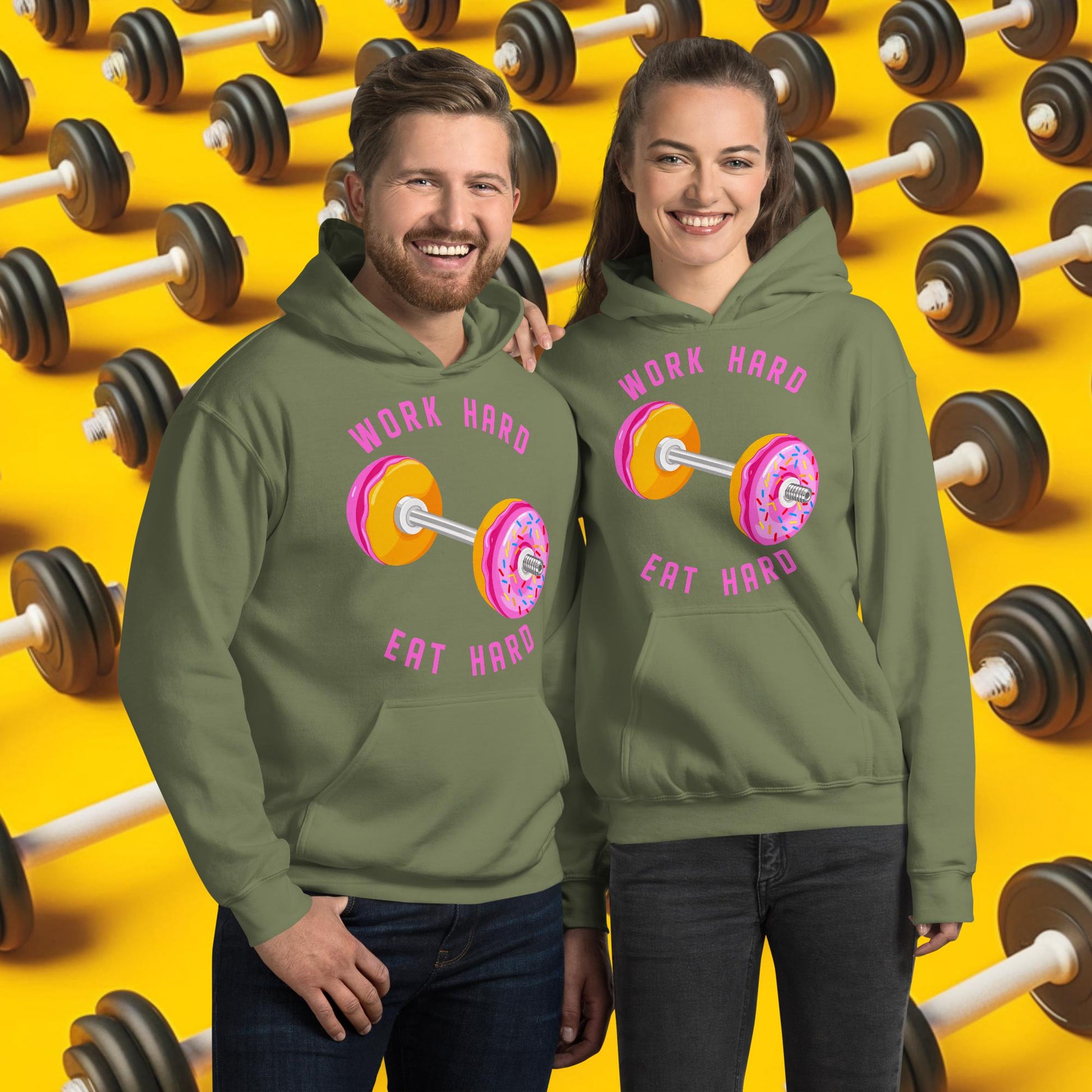 Work Hard Eat Hard Donut Dumbbell Donuts Barbell Funny Bulk Diet Gym Workout Fitness Bodybuilding Unisex Hoodie Military Green Hoodies Bodybuilding Bulking Donuts Fast Food Fitness Gym Workout Next Cult Brand