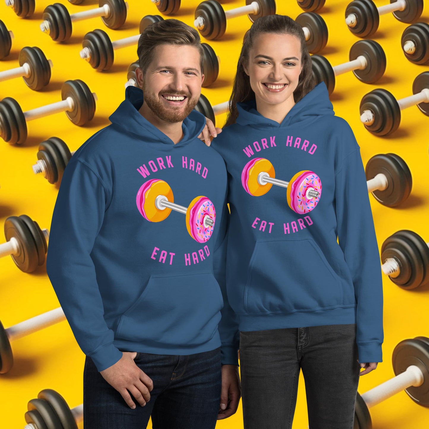 Work Hard Eat Hard Donut Dumbbell Donuts Barbell Funny Bulk Diet Gym Workout Fitness Bodybuilding Unisex Hoodie Indigo Blue Hoodies Bodybuilding Bulking Donuts Fast Food Fitness Gym Workout Next Cult Brand