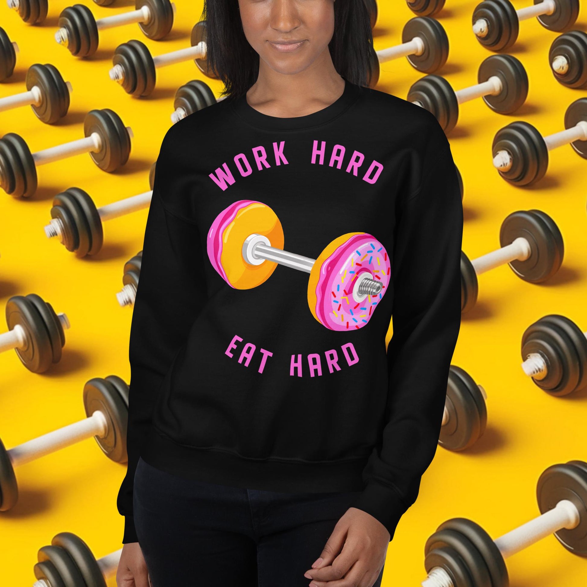 Work Hard Eat Hard Donut Dumbbell Donuts Barbell Funny Bulk Diet Gym Workout Fitness Bodybuilding Unisex Sweatshirt Next Cult Brand