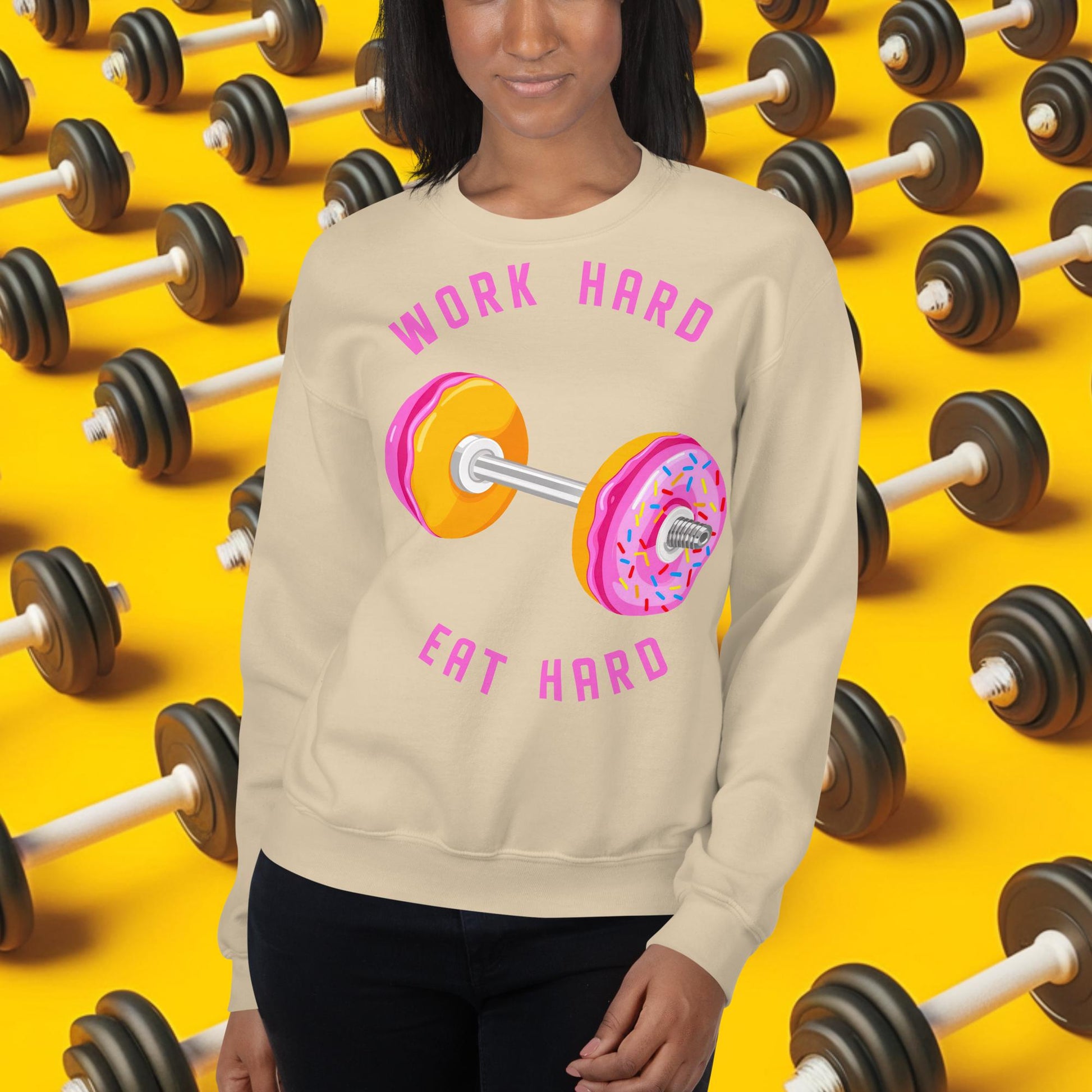 Work Hard Eat Hard Donut Dumbbell Donuts Barbell Funny Bulk Diet Gym Workout Fitness Bodybuilding Unisex Sweatshirt Sand Sweatshirts Bodybuilding Bulking Donuts Fast Food Fitness Gym Workout Next Cult Brand