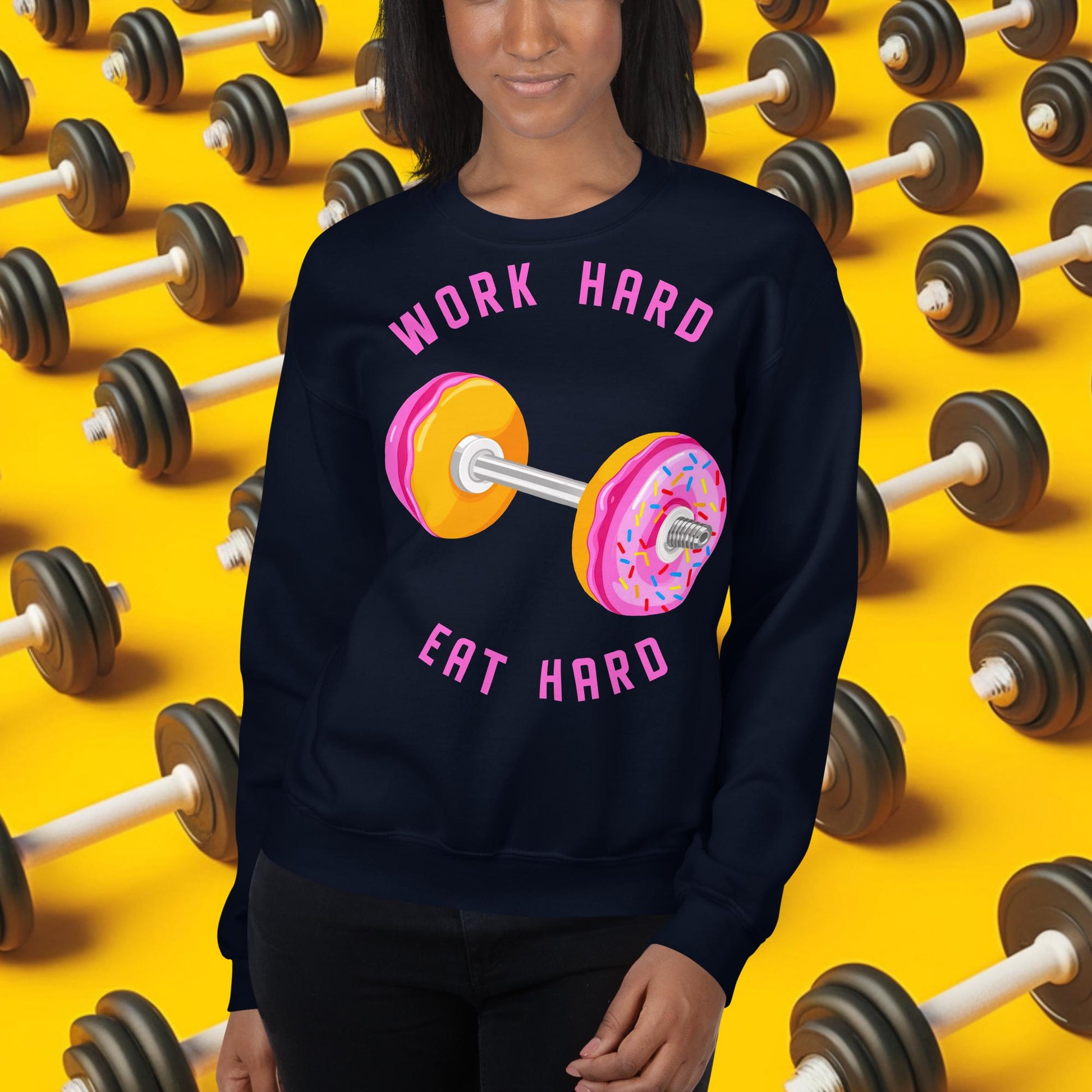 Work Hard Eat Hard Donut Dumbbell Donuts Barbell Funny Bulk Diet Gym Workout Fitness Bodybuilding Unisex Sweatshirt Navy Sweatshirts Bodybuilding Bulking Donuts Fast Food Fitness Gym Workout Next Cult Brand