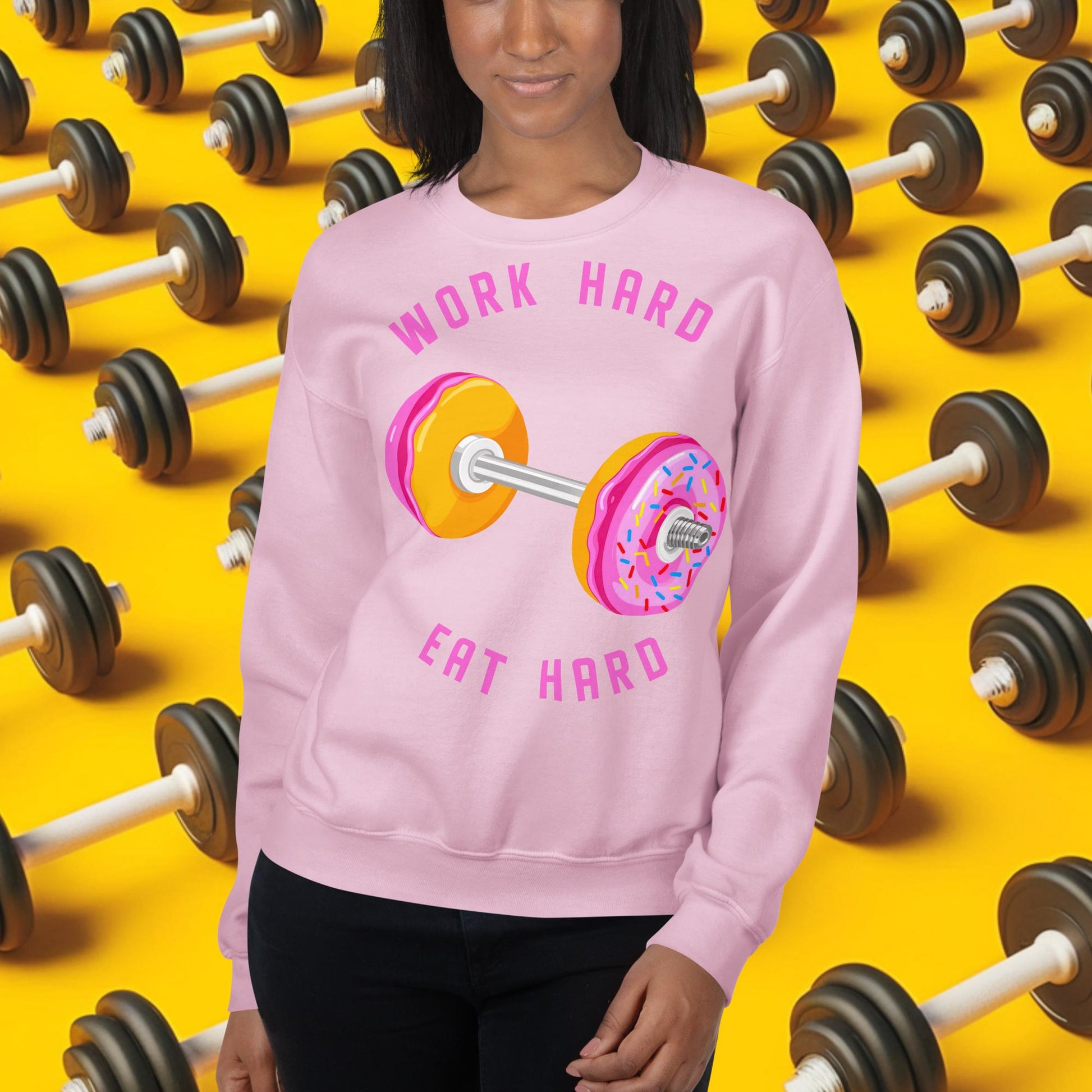 Work Hard Eat Hard Donut Dumbbell Donuts Barbell Funny Bulk Diet Gym Workout Fitness Bodybuilding Unisex Sweatshirt Light Pink Sweatshirts Bodybuilding Bulking Donuts Fast Food Fitness Gym Workout Next Cult Brand