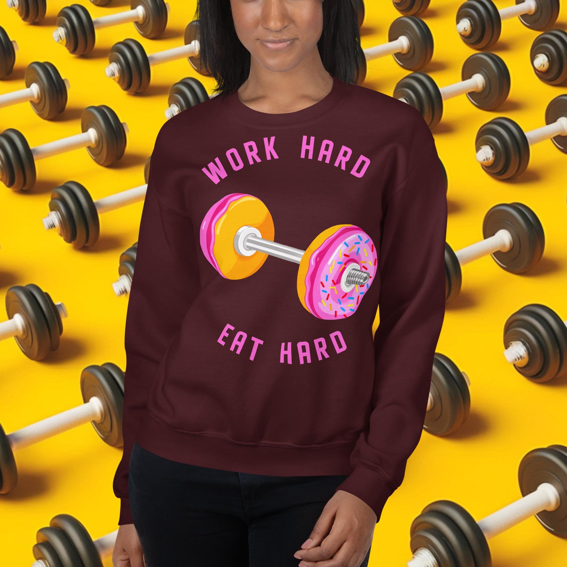 Work Hard Eat Hard Donut Dumbbell Donuts Barbell Funny Bulk Diet Gym Workout Fitness Bodybuilding Unisex Sweatshirt Next Cult Brand