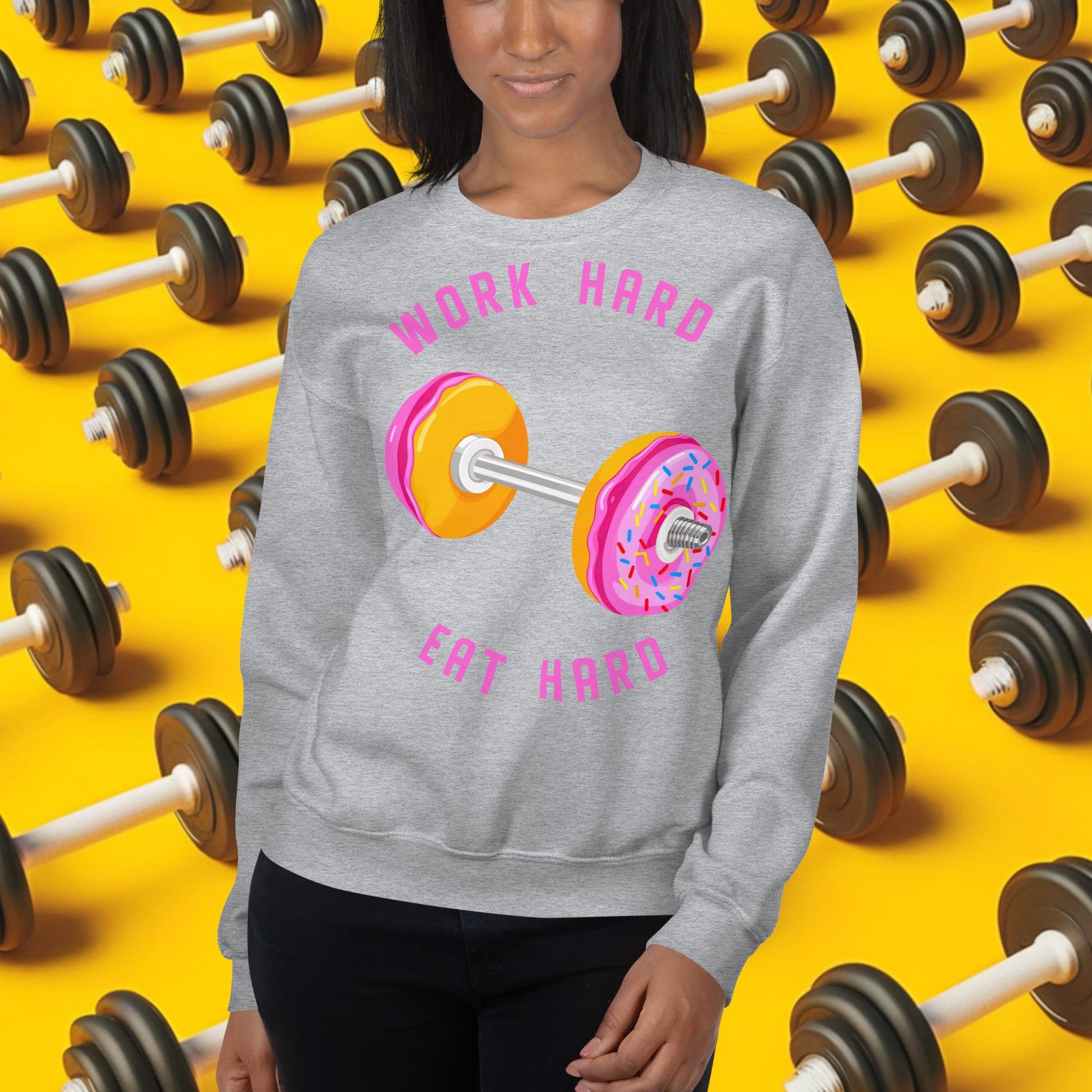 Work Hard Eat Hard Donut Dumbbell Donuts Barbell Funny Bulk Diet Gym Workout Fitness Bodybuilding Unisex Sweatshirt Next Cult Brand