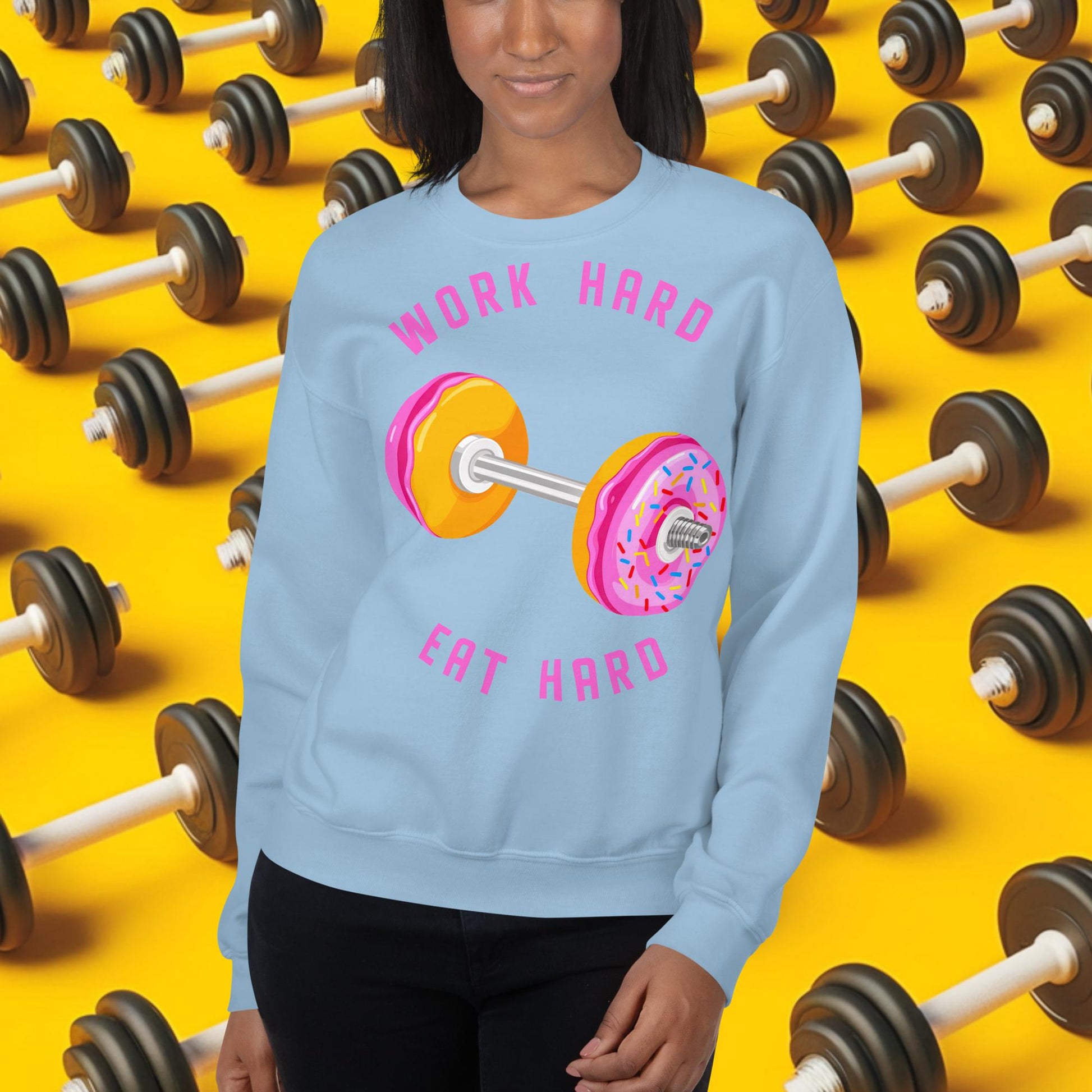 Work Hard Eat Hard Donut Dumbbell Donuts Barbell Funny Bulk Diet Gym Workout Fitness Bodybuilding Unisex Sweatshirt Light Blue Sweatshirts Bodybuilding Bulking Donuts Fast Food Fitness Gym Workout Next Cult Brand