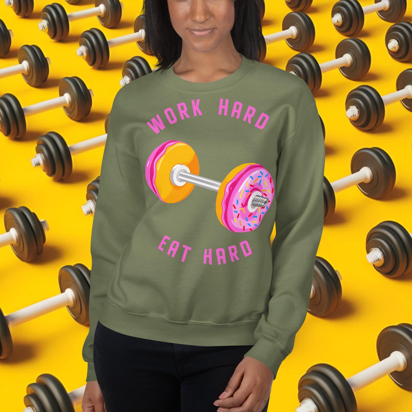 Work Hard Eat Hard Donut Dumbbell Donuts Barbell Funny Bulk Diet Gym Workout Fitness Bodybuilding Unisex Sweatshirt Military Green Sweatshirts Bodybuilding Bulking Donuts Fast Food Fitness Gym Workout Next Cult Brand